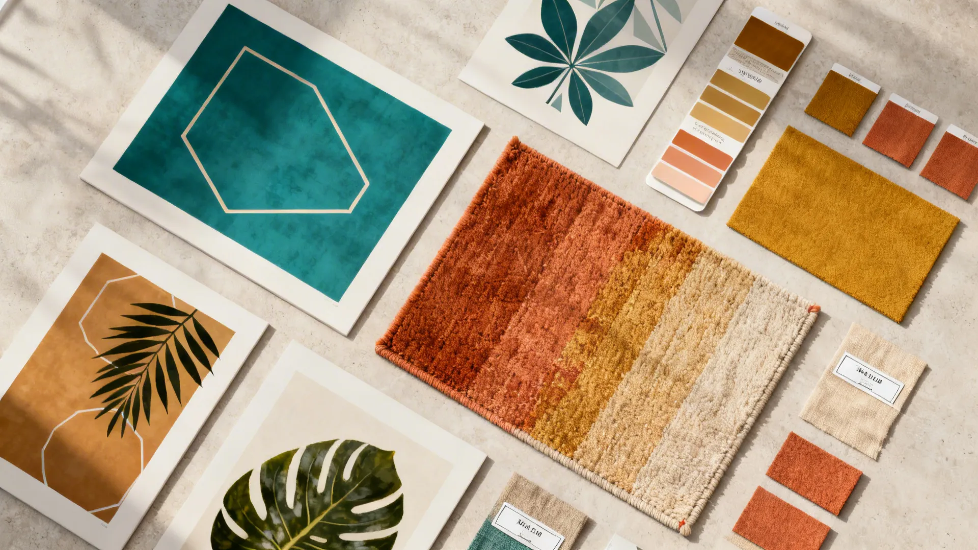 Top-down flatlay of patterned cushions and fabric swatches bridging teal with neutrals and accent colors