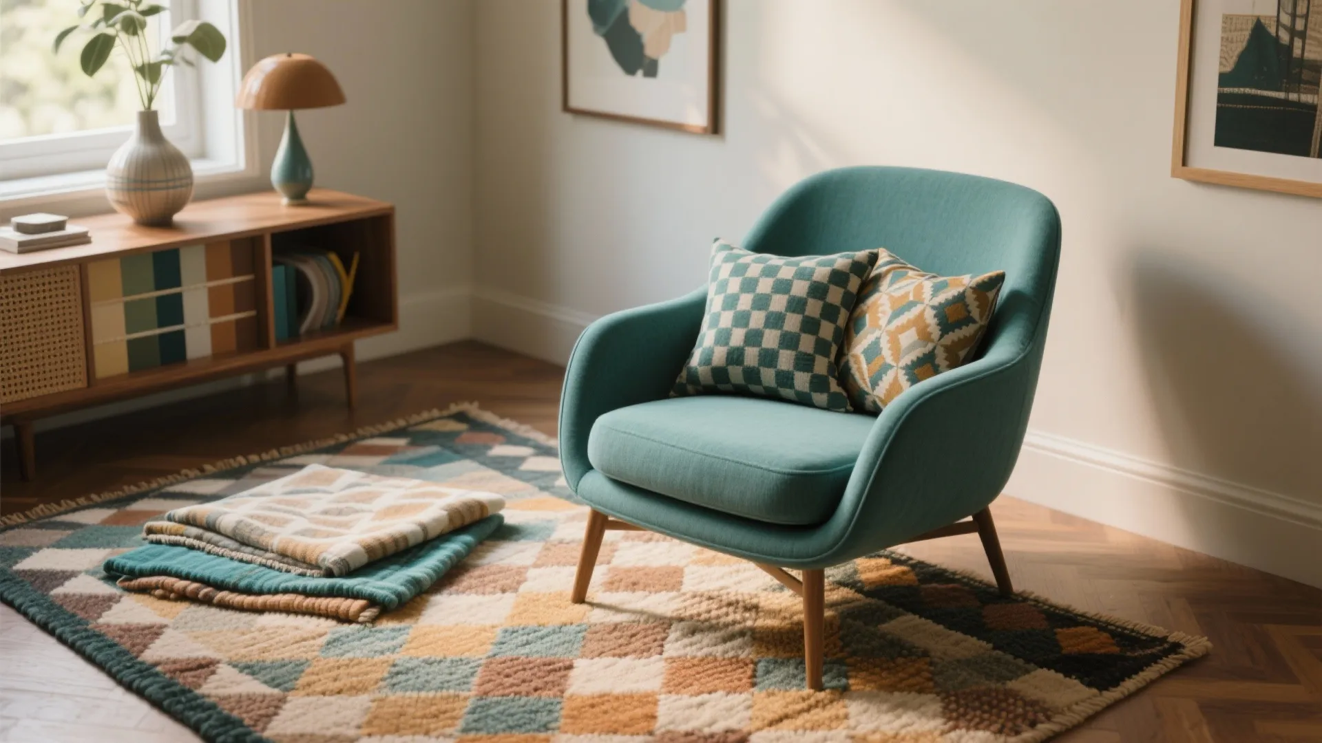 3. Teal Chair with Patterned Textiles