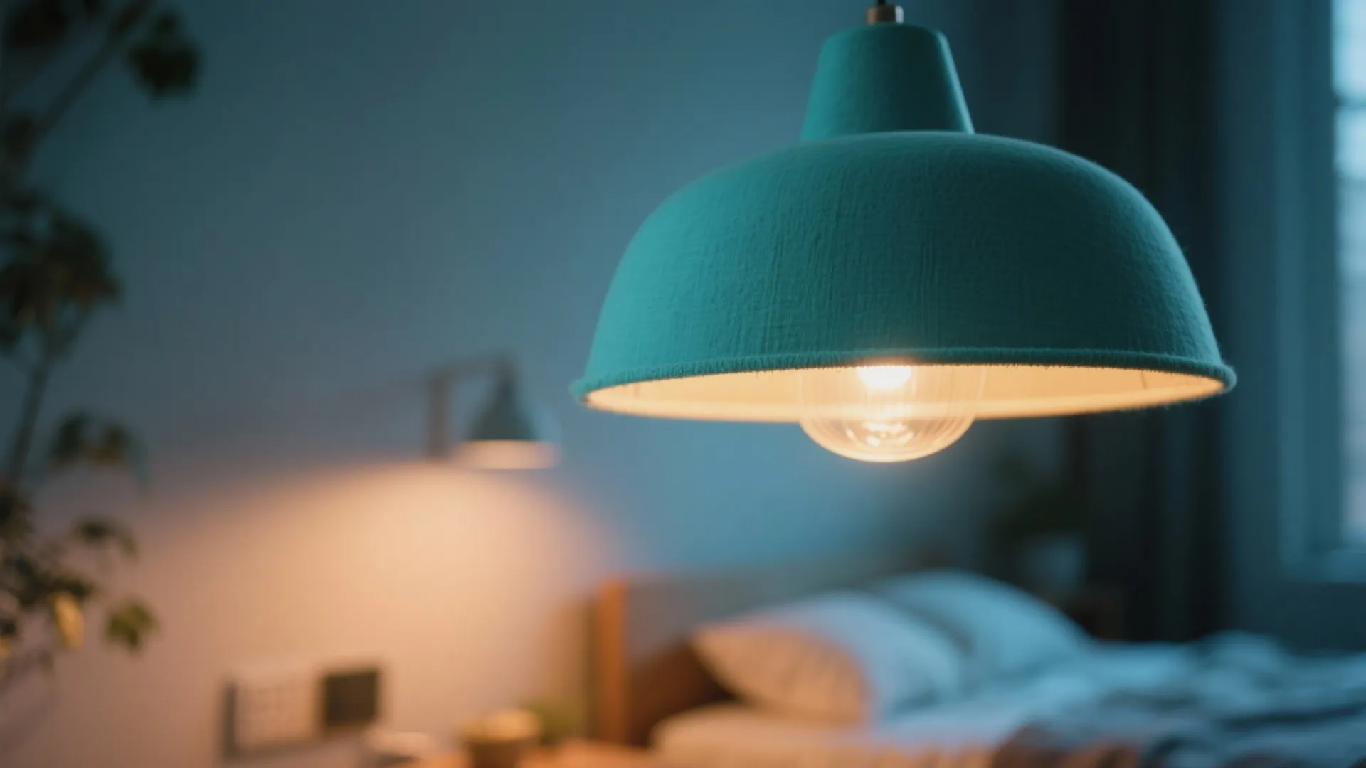 Teal ceiling light hanging in a bedroom with a glowing bulb and soft background lighting