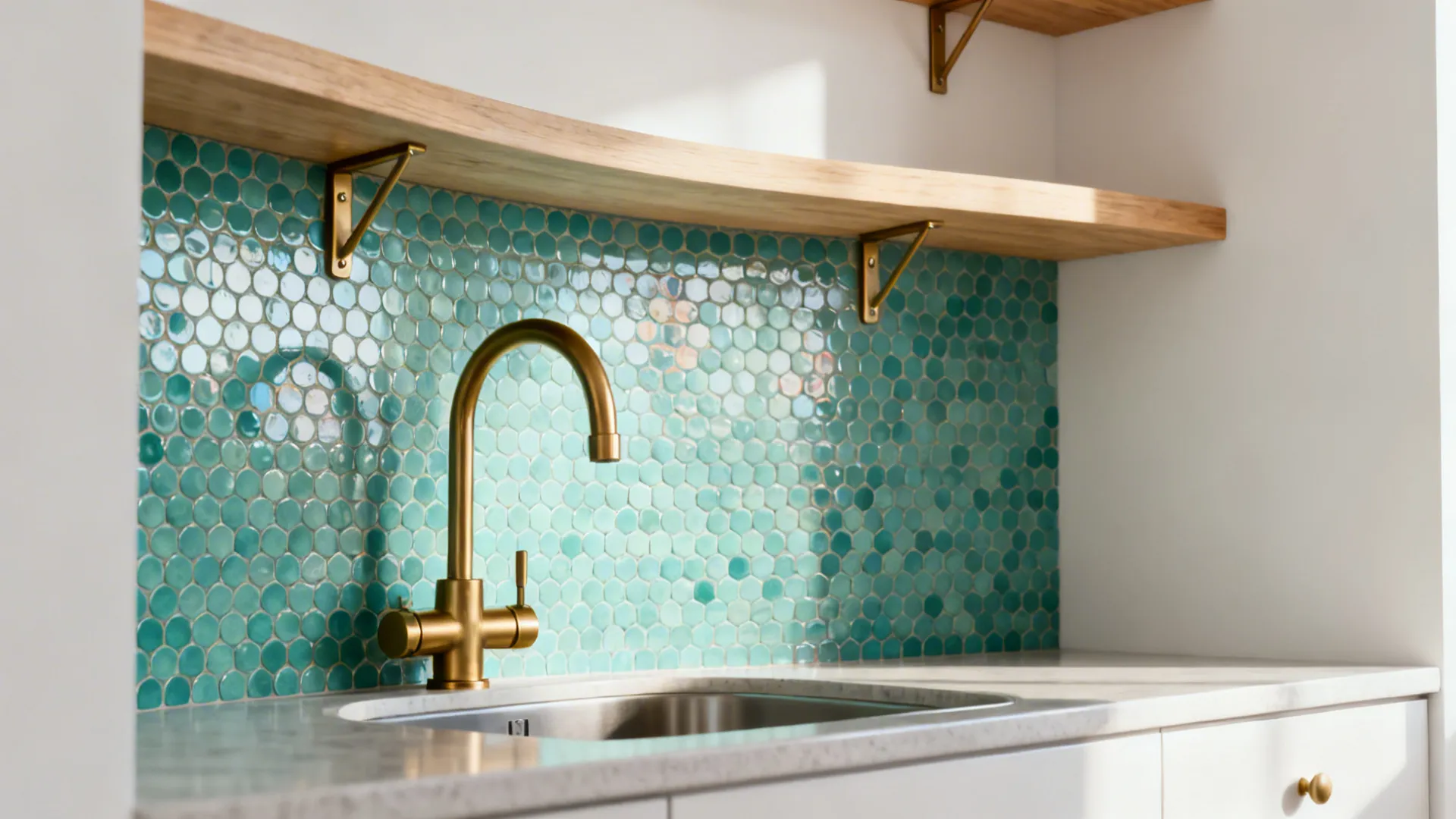 Teal penny round mosaic backsplash with matte brass accents in a small rental kitchen.