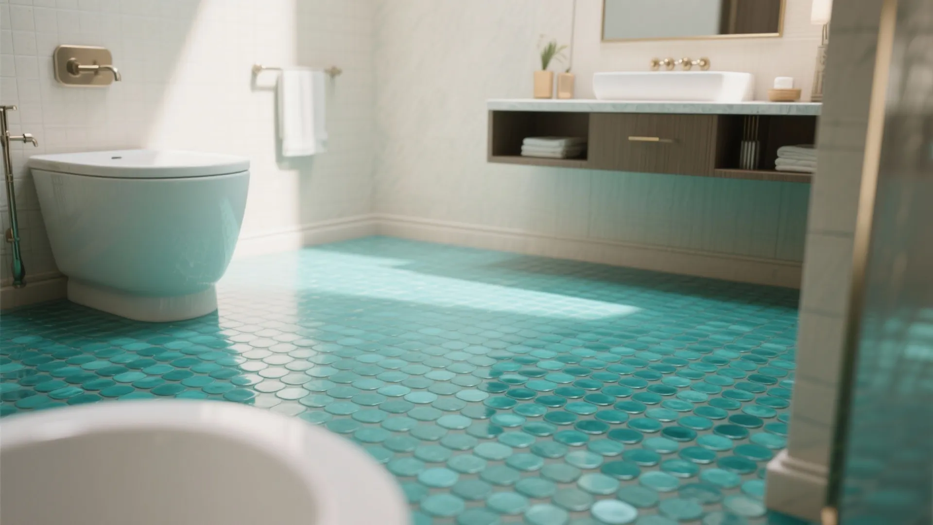 Bright bathroom interior with teal round floor tiles white walls floating cabinet and white toilet