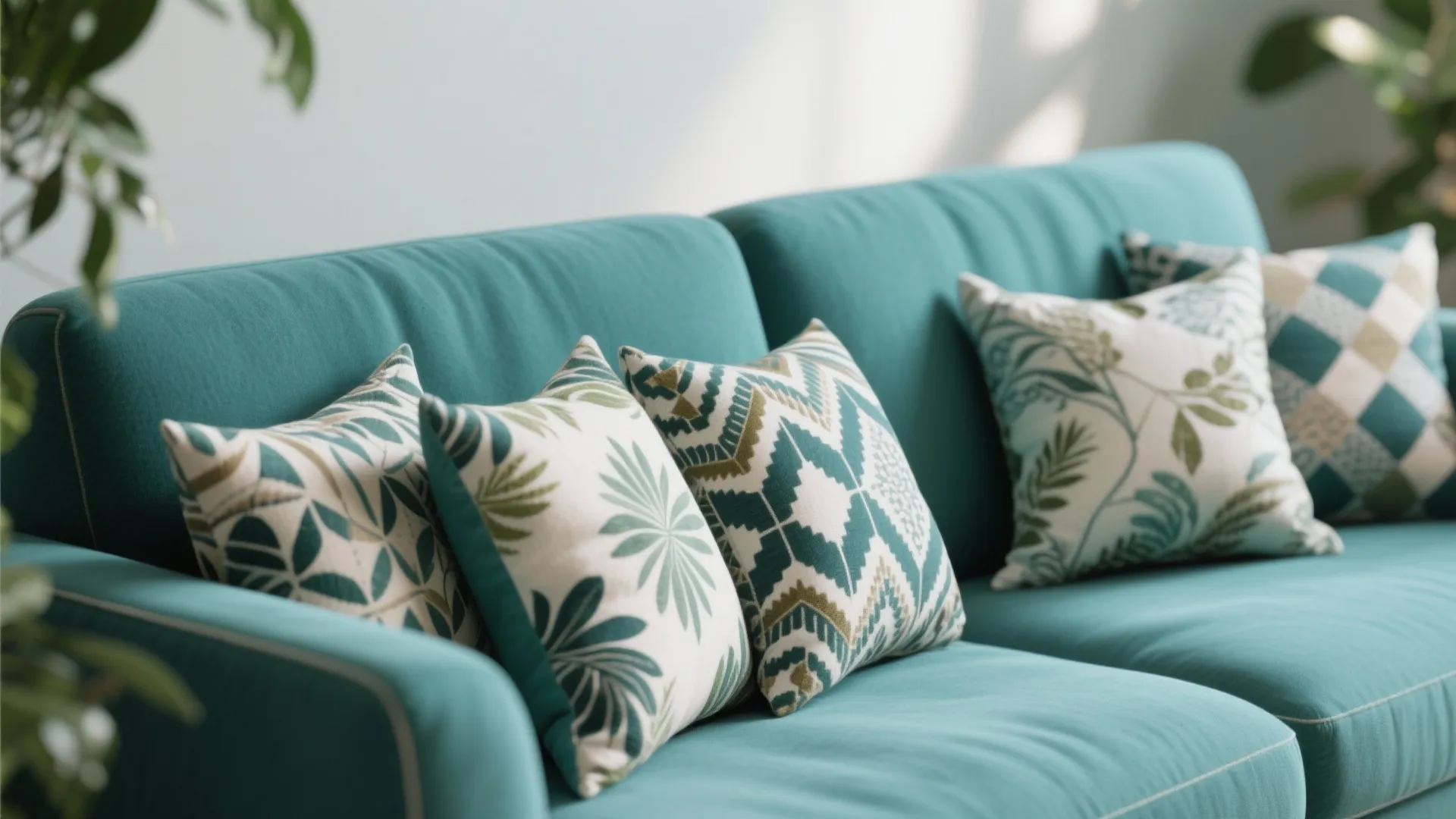5. Teal with Patterned Pillows