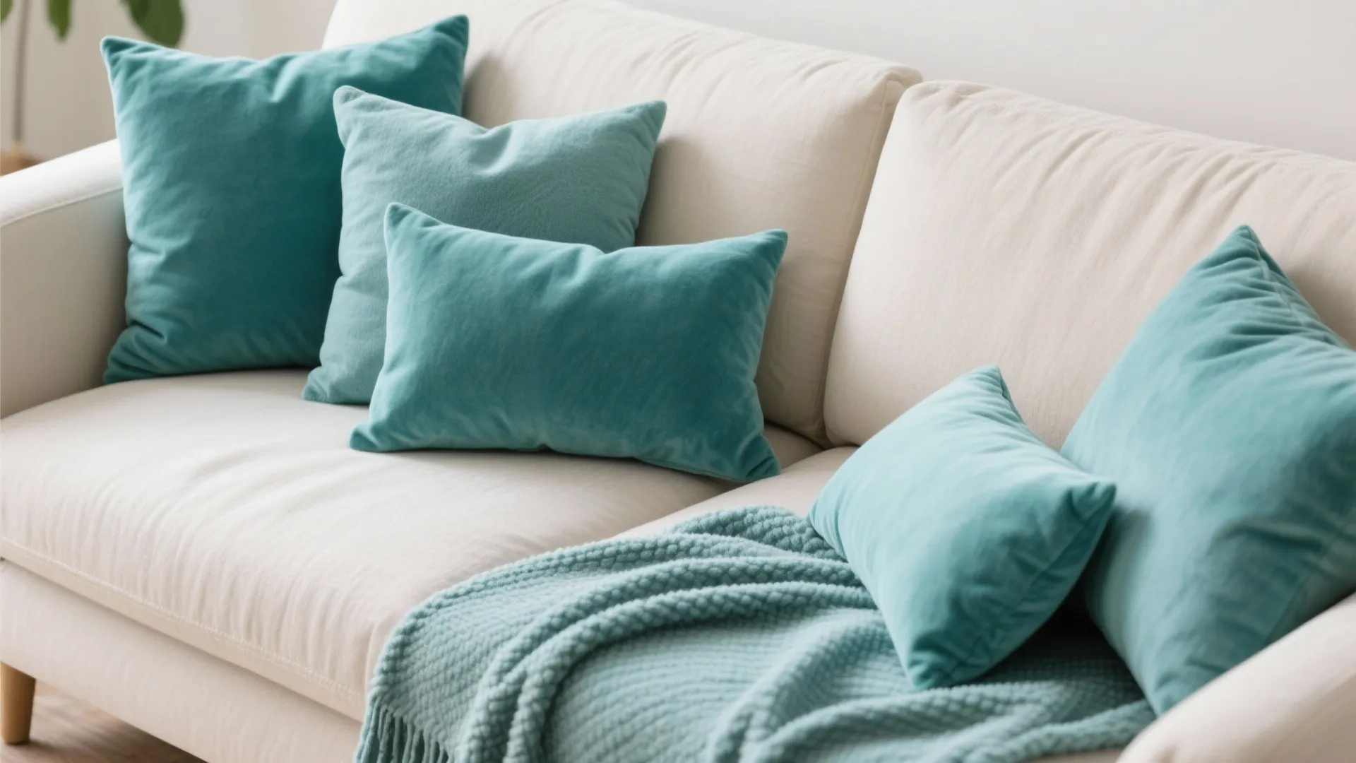 Neutral sofa decorated with teal throw pillows and blankets