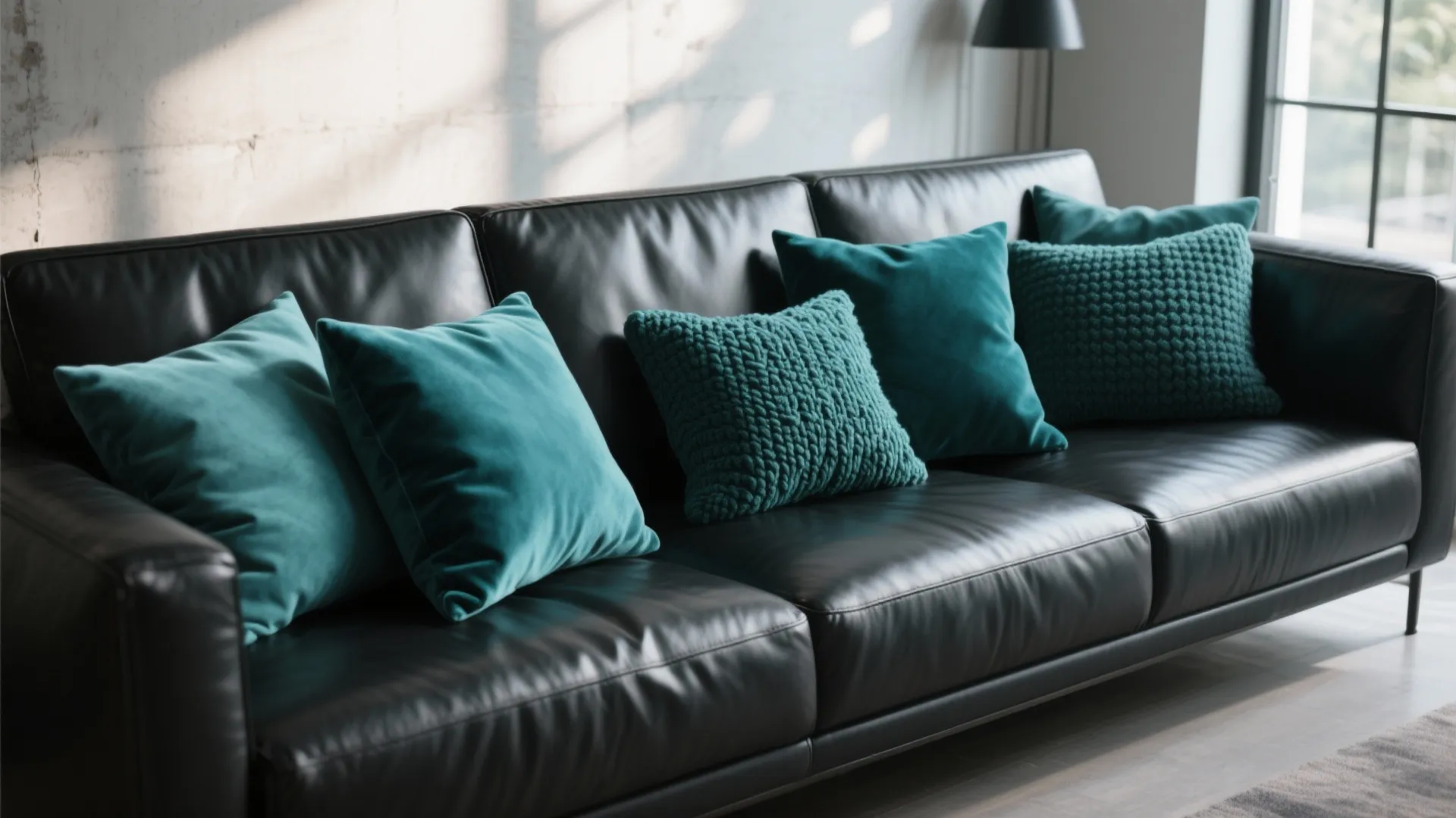 8. Teal Throw Pillows on a Black Leather Sofa
