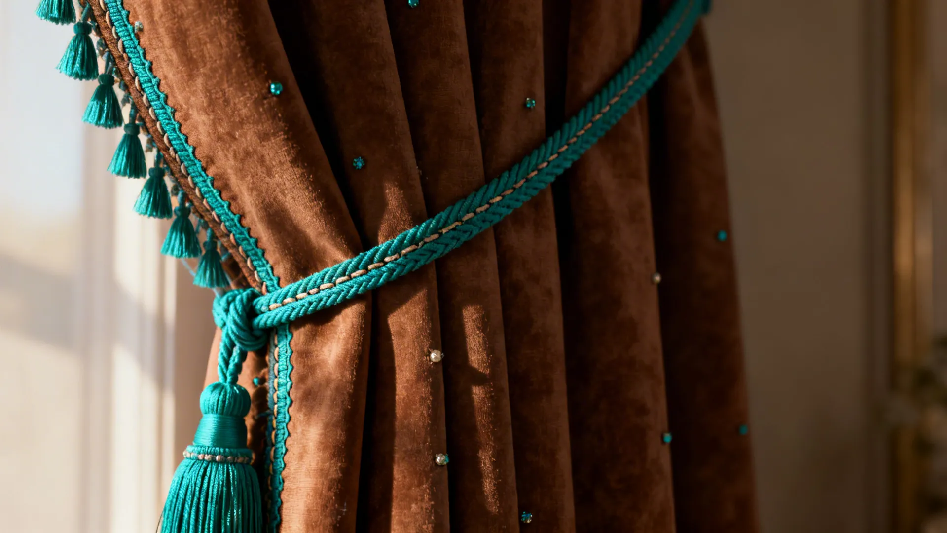 Detail of brown curtain with teal piping and tassel tieback showing stitching and texture.