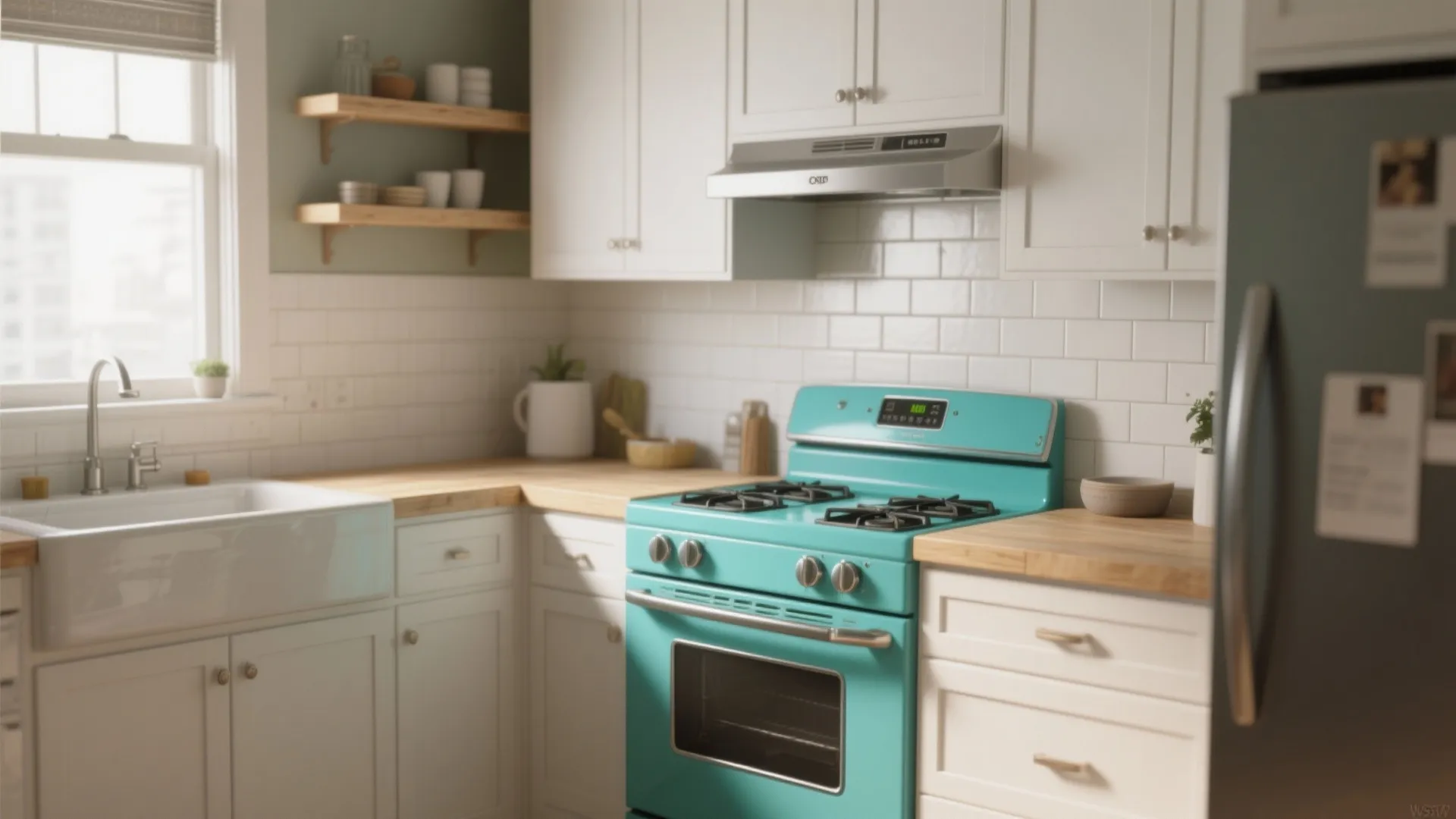 Modern kitchen with white cabinets a blue stove wood countertops white sink and natural light