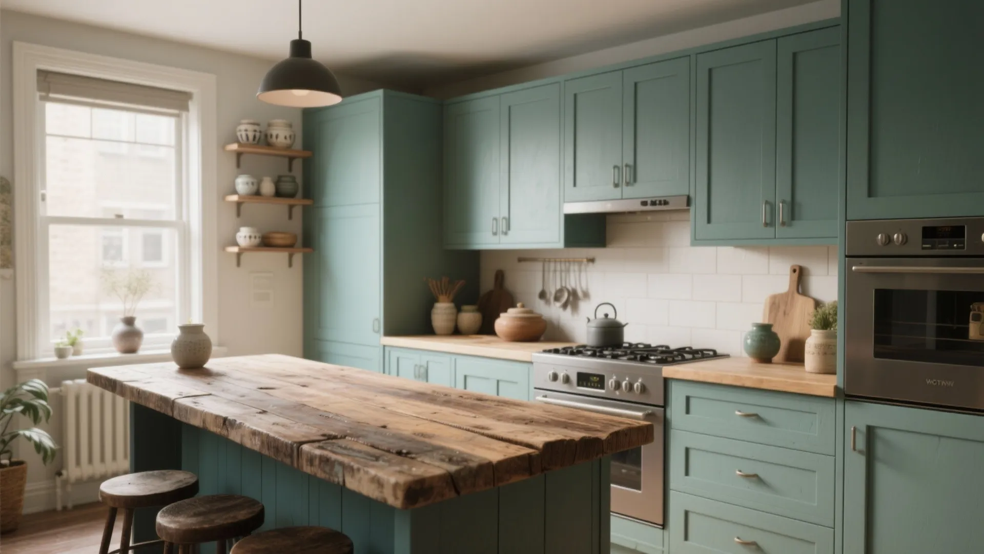 Rustic kitchen with teal cabinets wooden island top black ceiling light and white tiled wall