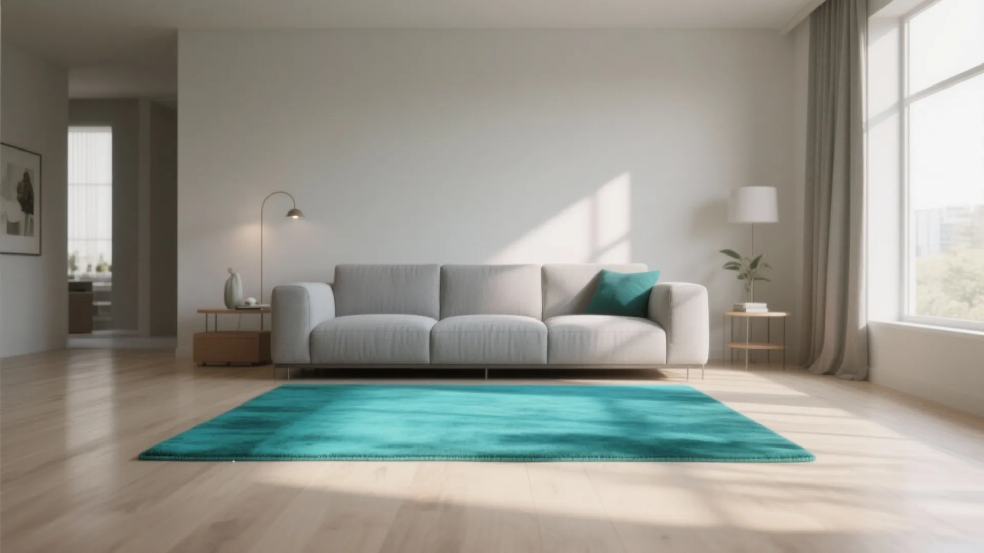 Living room with teal rug adding color accent