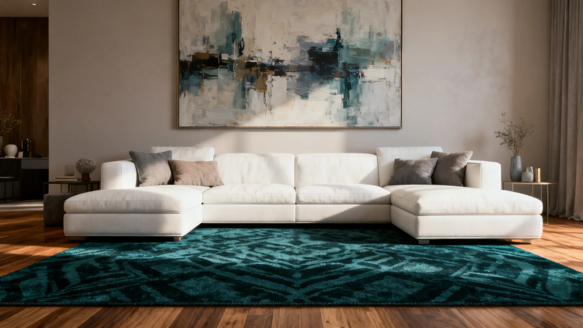 White sectional anchored by a deep teal patterned rug and oversized artwork