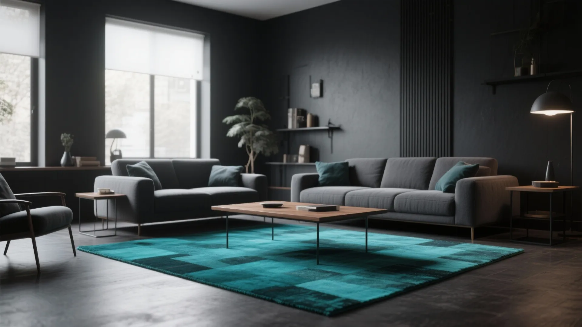 5. Teal Rug Anchoring a Black & Grey Scheme