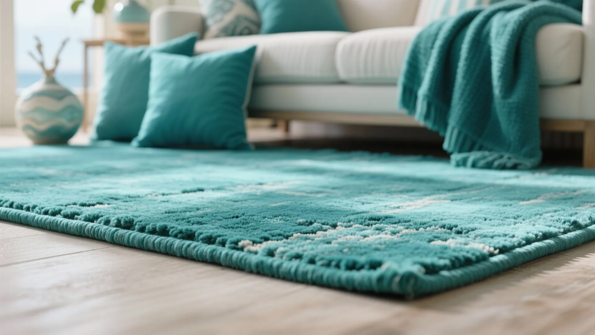 Close up of a soft teal textured rug on light wood floor near white sofa cushions