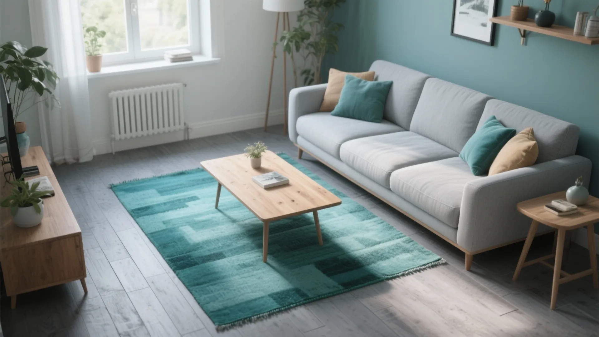 5. Teal Rug on Grey Flooring
