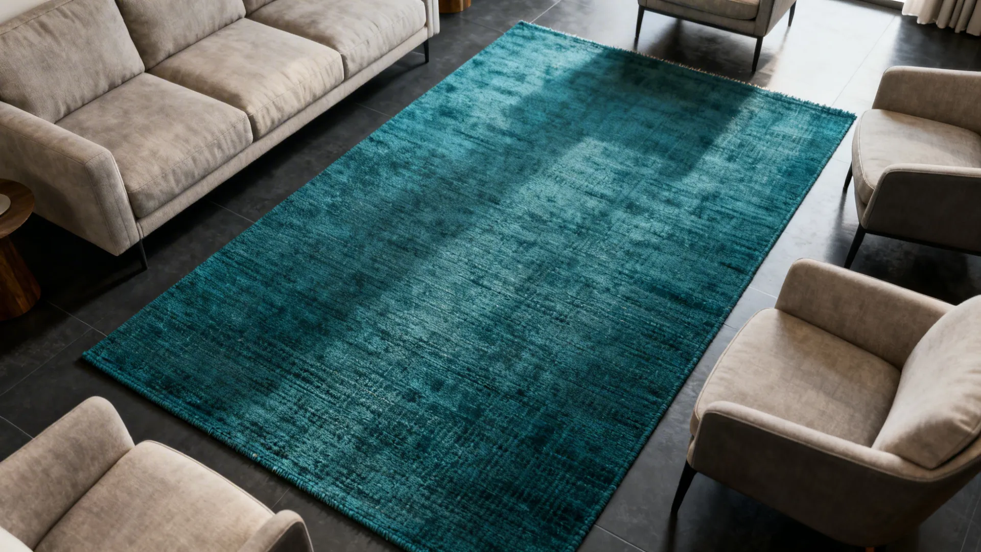 Rich teal rug anchoring a seating area on charcoal-toned flooring with neutral furniture