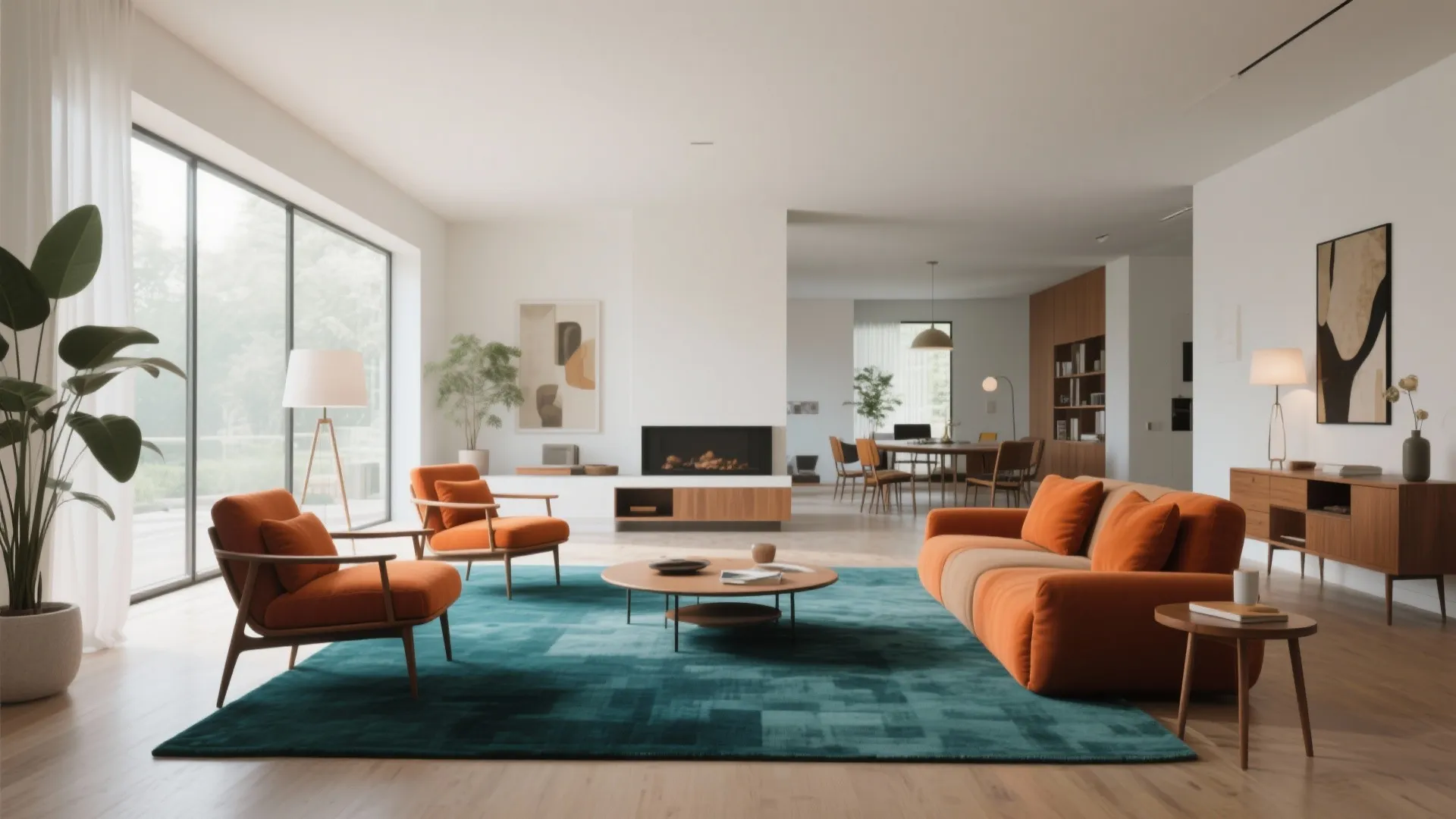 Large teal rug in bright living room with orange sofa, matching armchairs, wooden coffee table