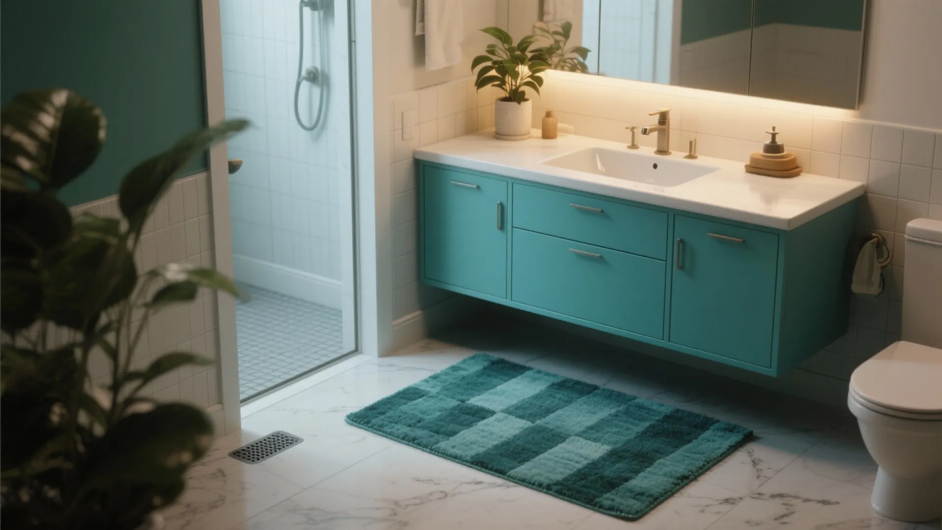 4. Teal accent rug to tie in cabinetry