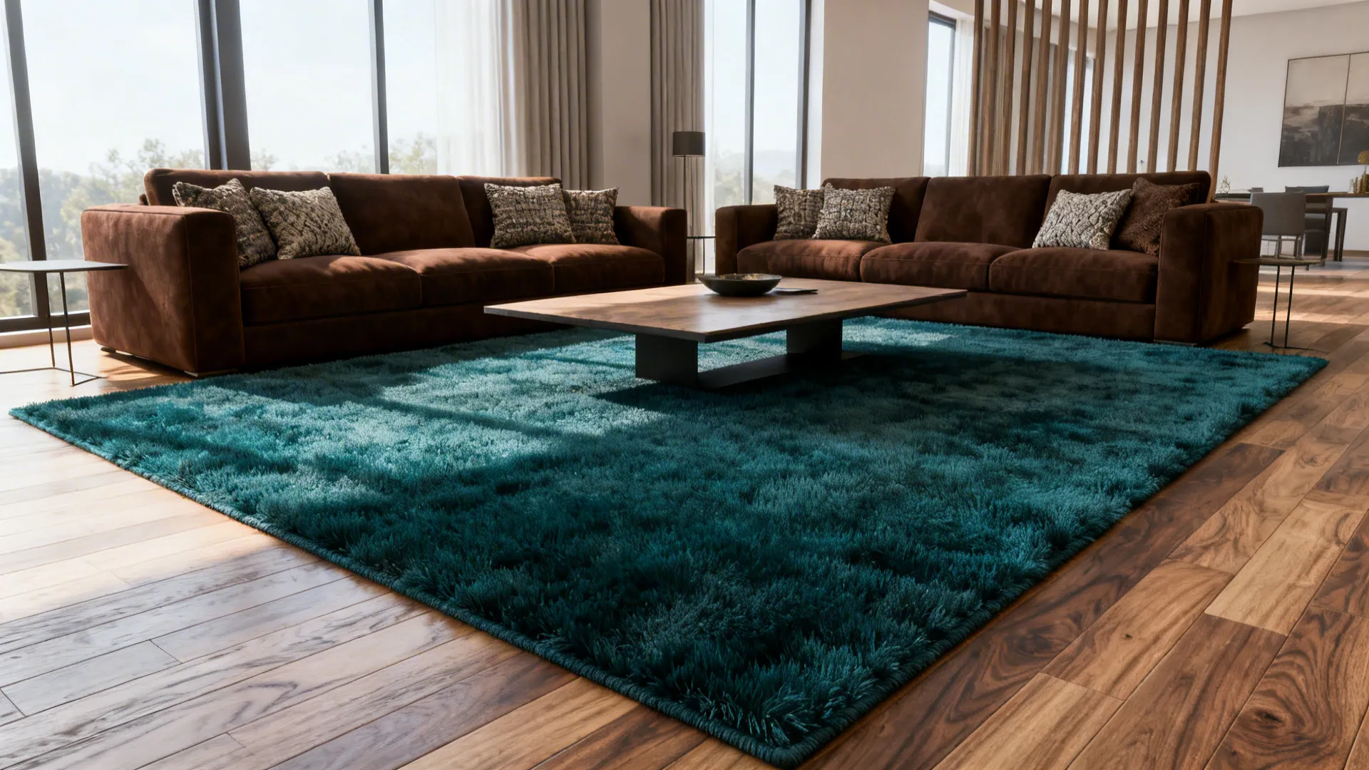 Large teal rug under a wooden coffee table between two brown sofas on wood flooring