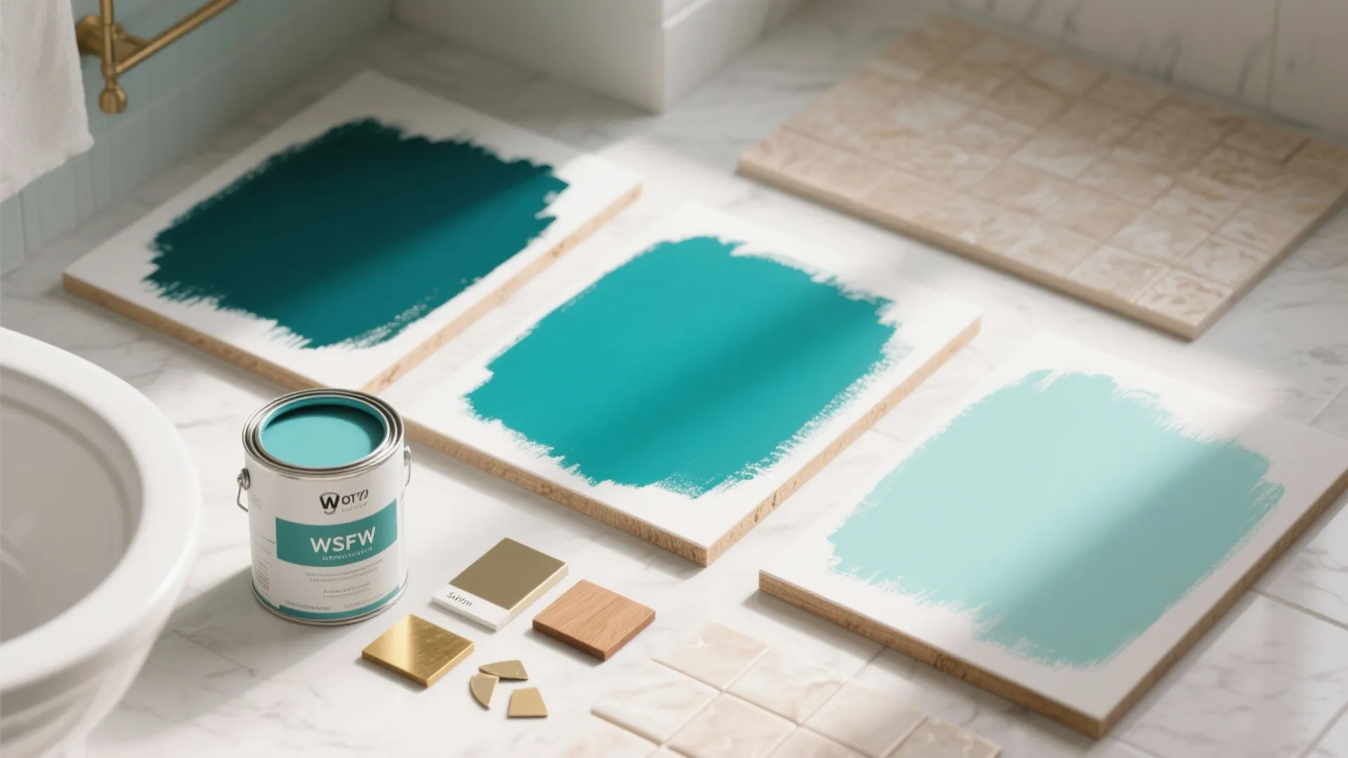 Teal paint can and color samples on marble floor with blue tiles and wood pieces
