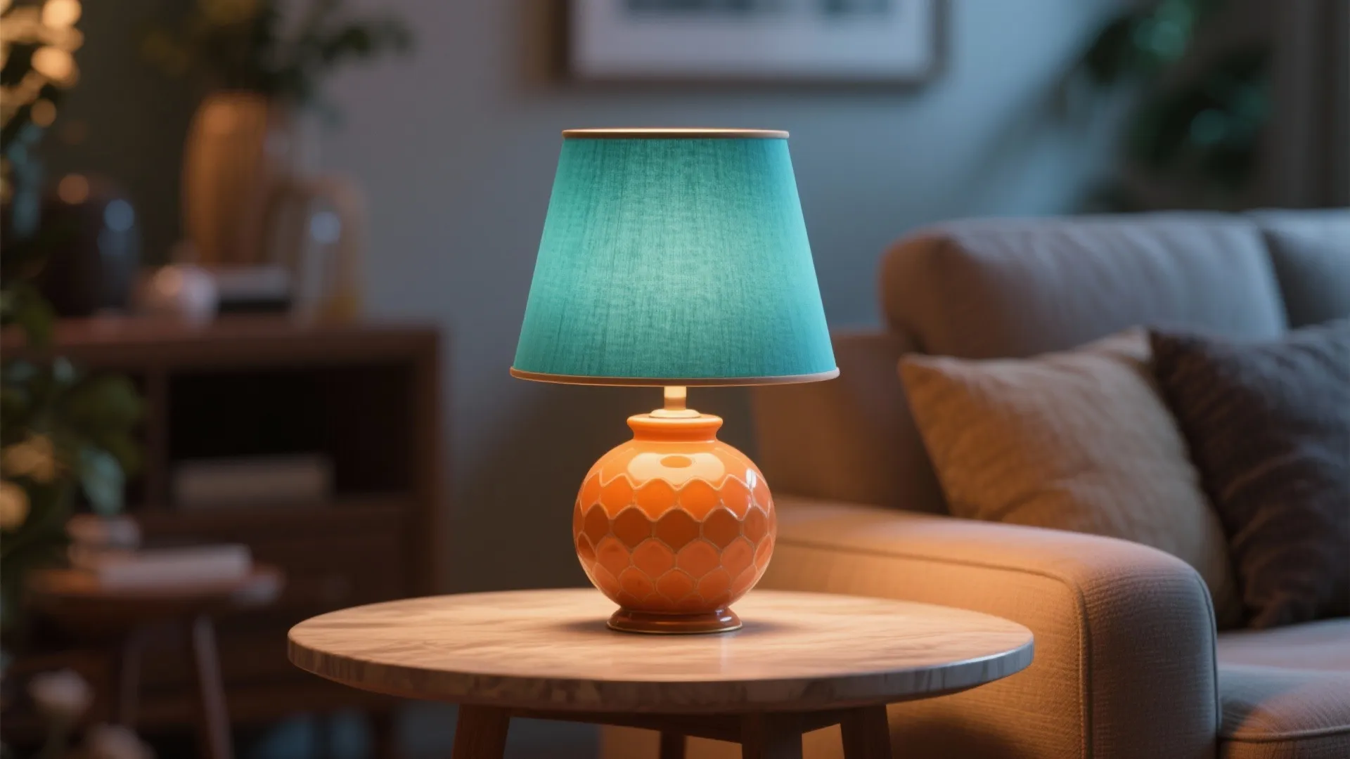 Table lamp with teal fabric shade and orange patterned base sitting on round wooden table