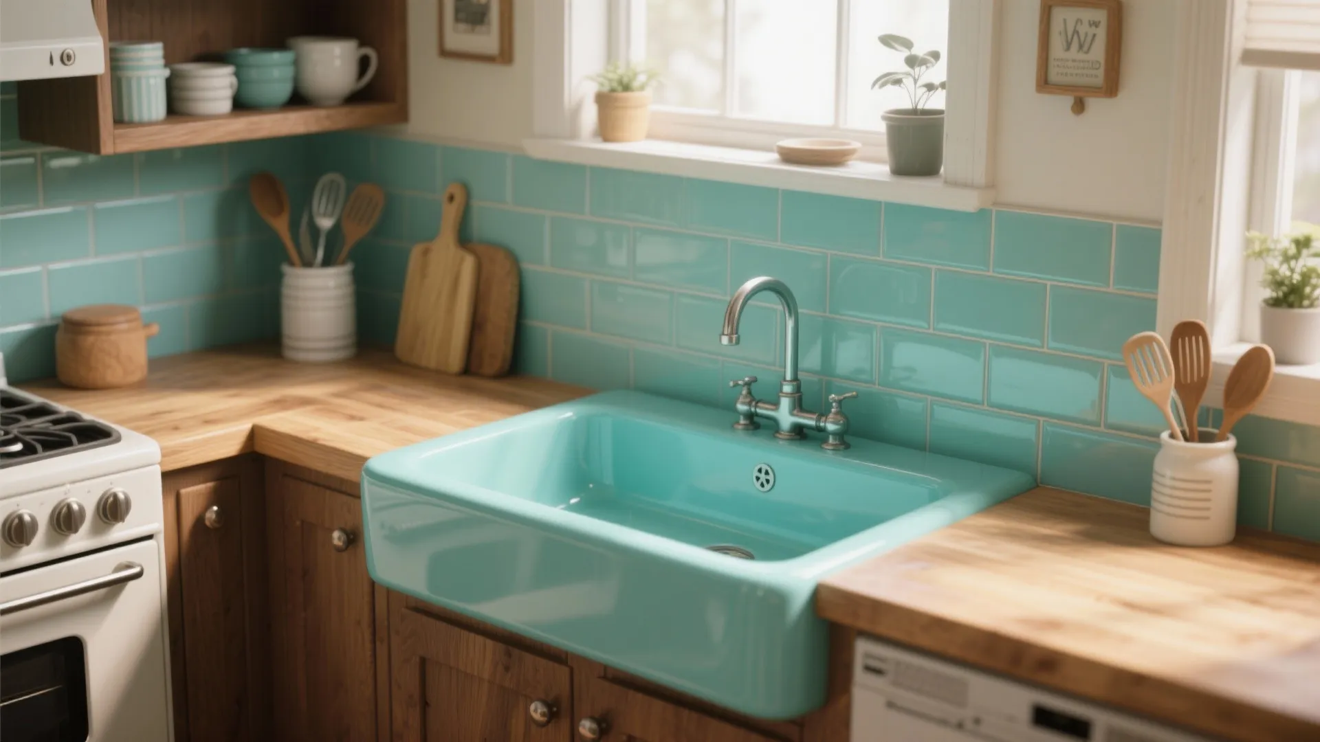 Teal kitchen sink with chrome faucet against teal wall tiles on a light wooden kitchen surface