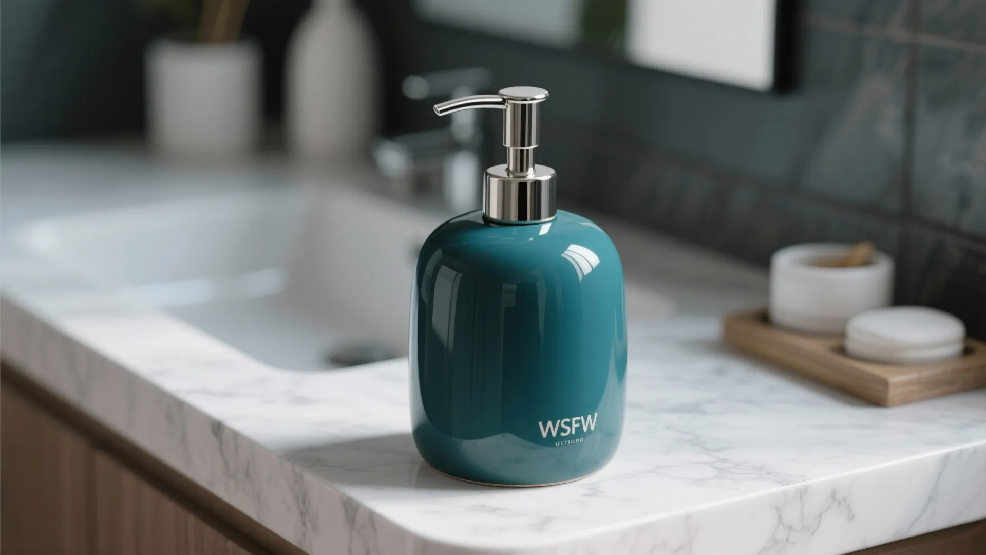 Teal soap dispenser with silver pump on white marble countertop in a clean modern bathroom