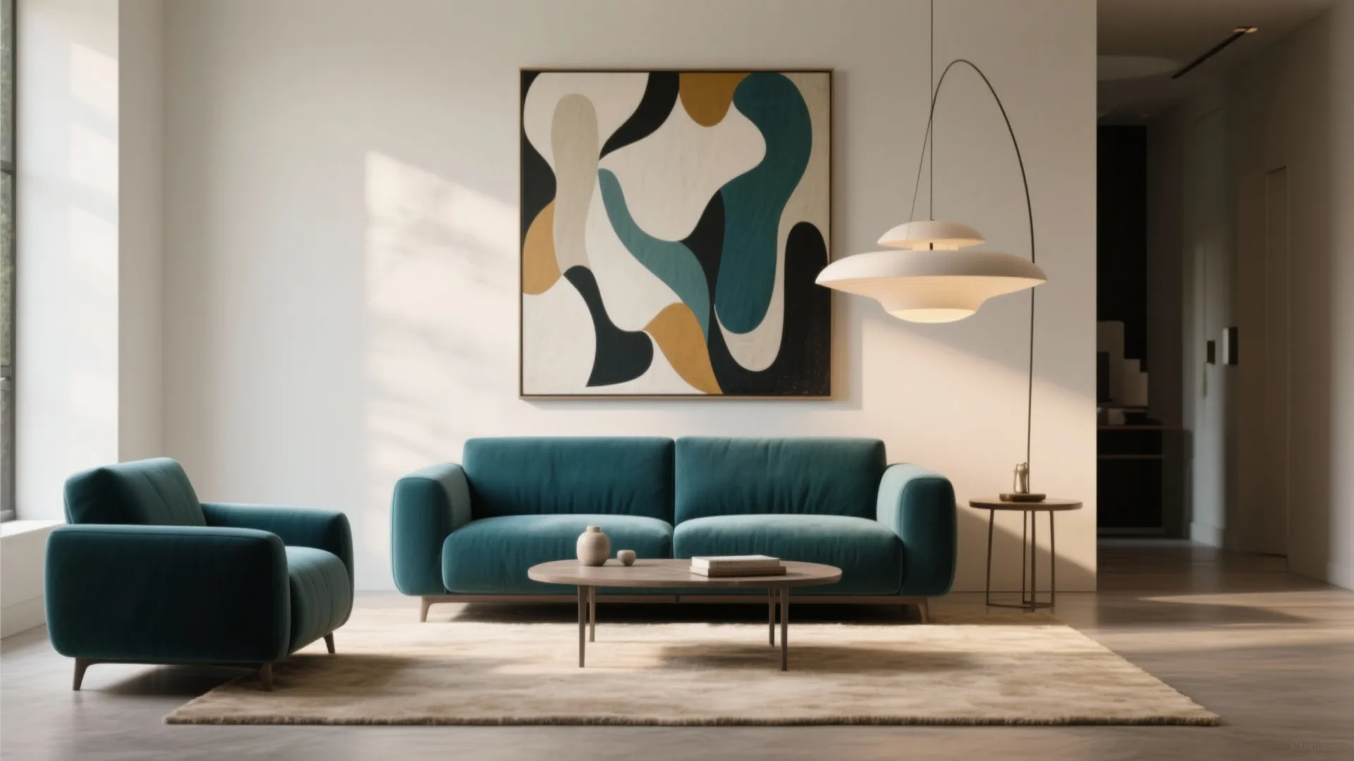 Modern living room with teal sofa and armchair abstract wall art coffee table and lamp