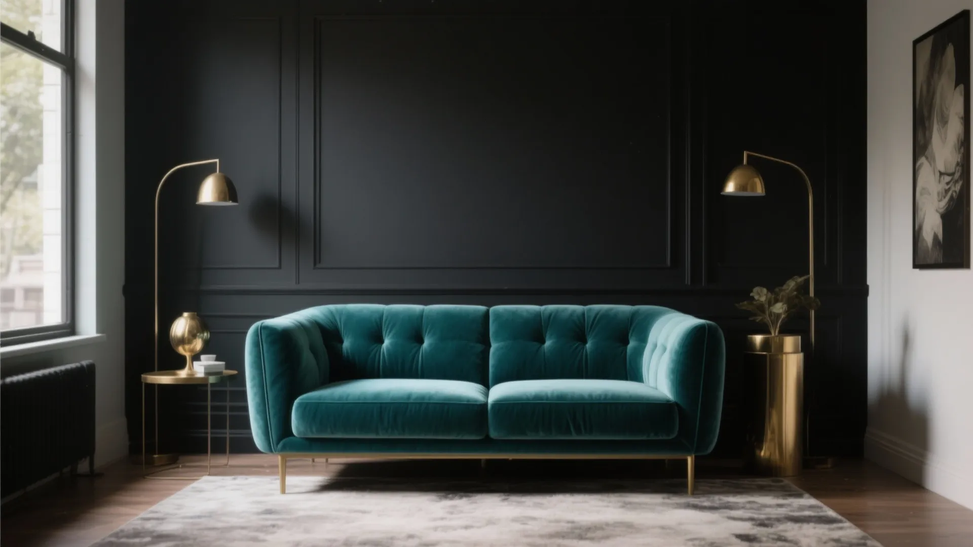 2. Velvet Teal Sofa Against Black Backdrop