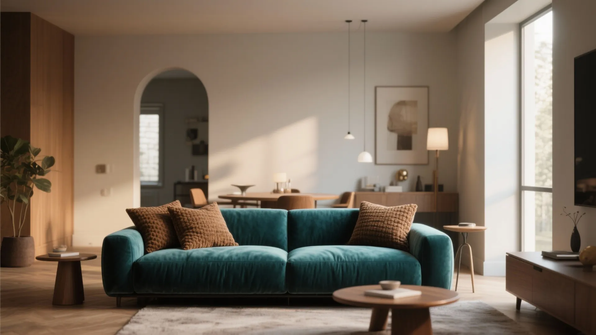 2. Teal Sofa with Brown Throw Pillows