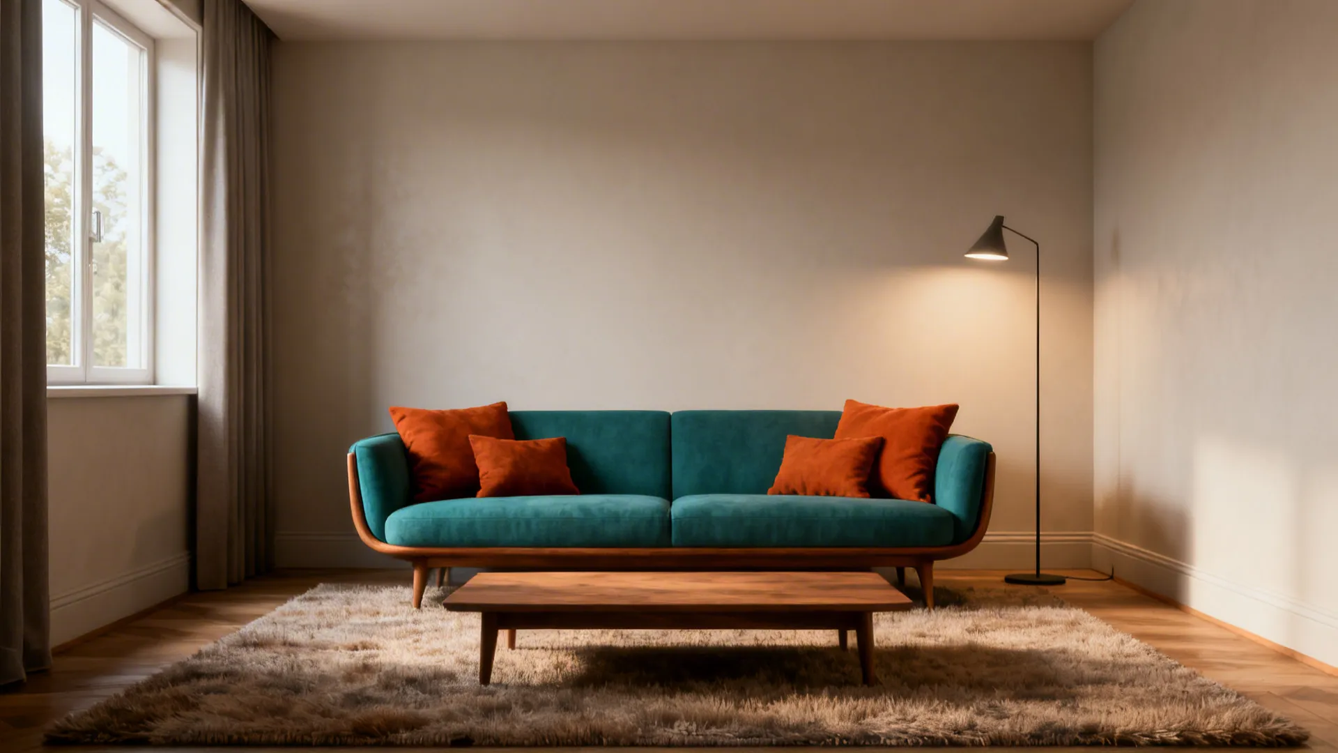 2. Teal Sofa + Burnt Orange Accessories