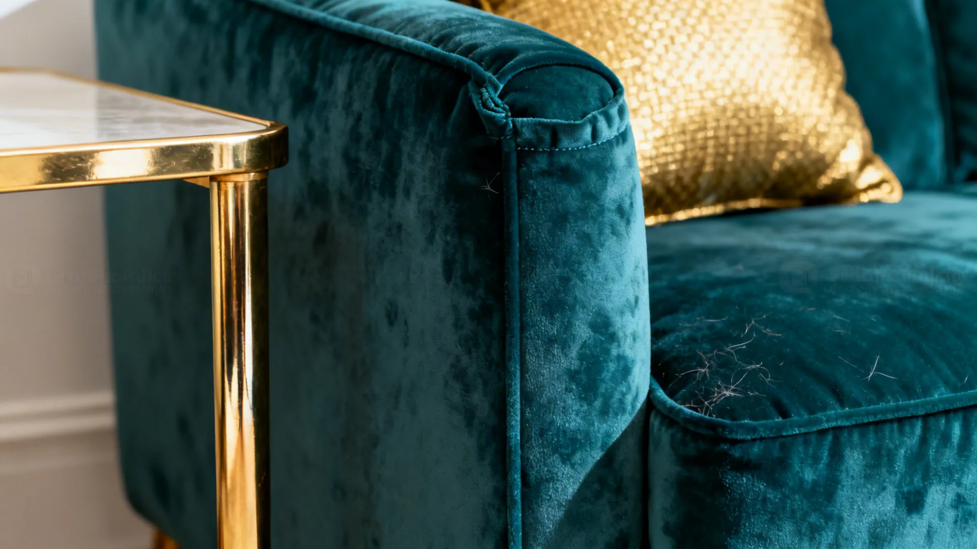 Macro view of deep teal velvet sofa corner with brass leg and gold cushion.