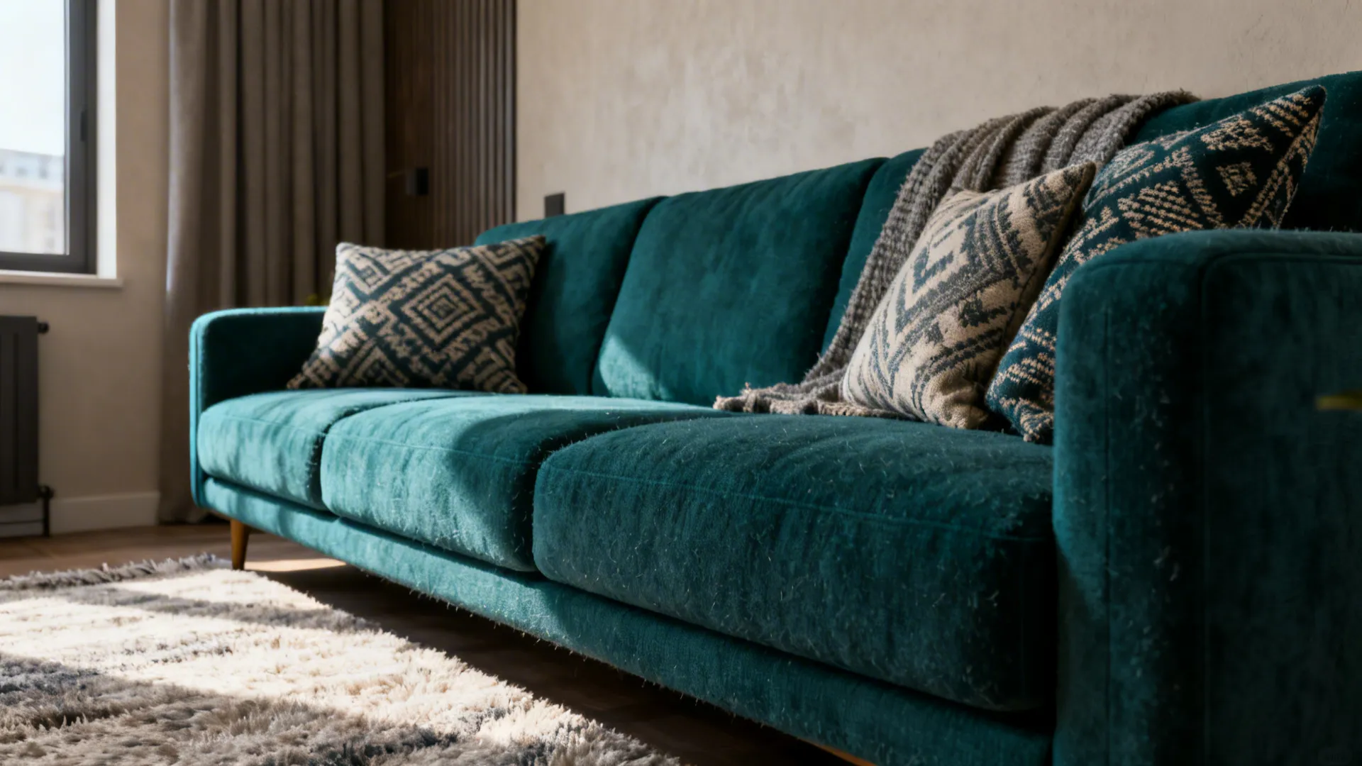 Compact living room anchored by a deep teal sofa with patterned cushions and a soft rug.