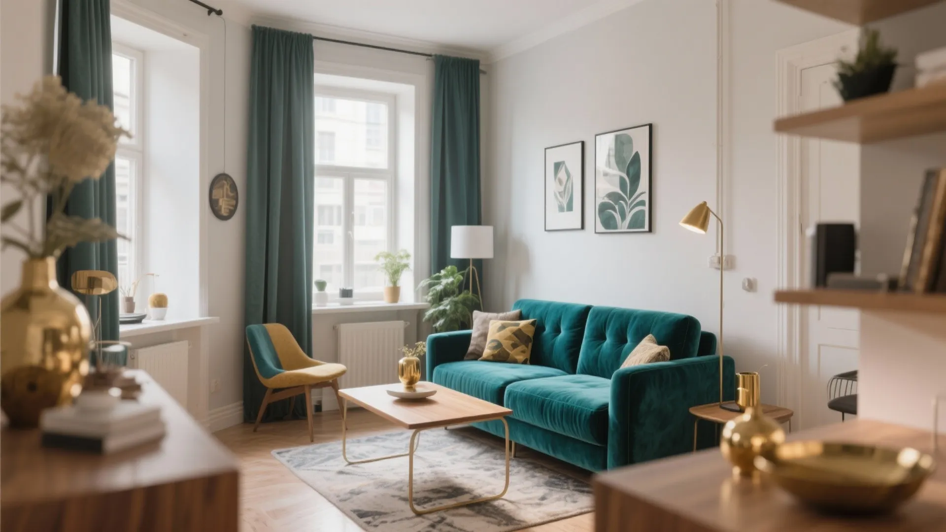 Modern living room featuring teal velvet sofa, wooden coffee table, dark green curtains, and yellow chair