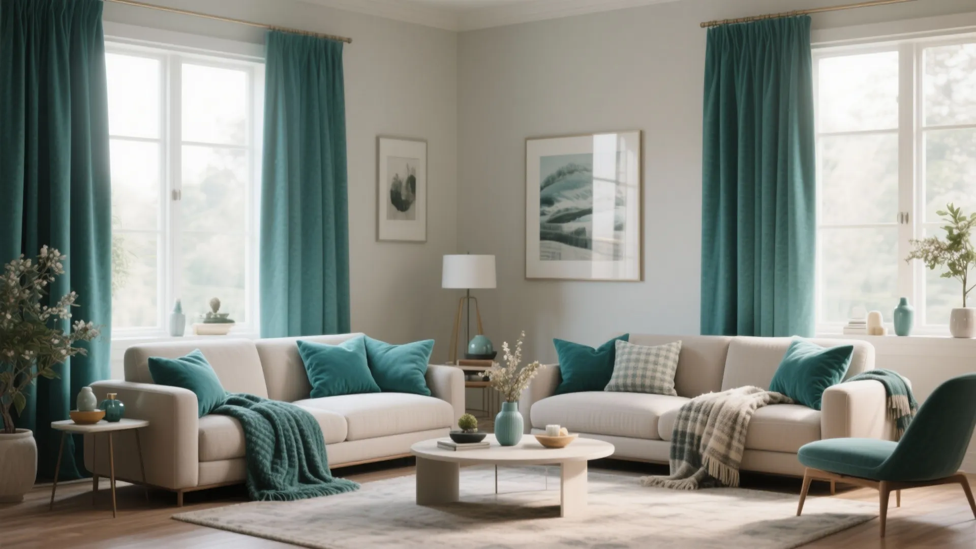 Bright living room with white sofas teal curtains matching pillows round coffee table and floor rug
