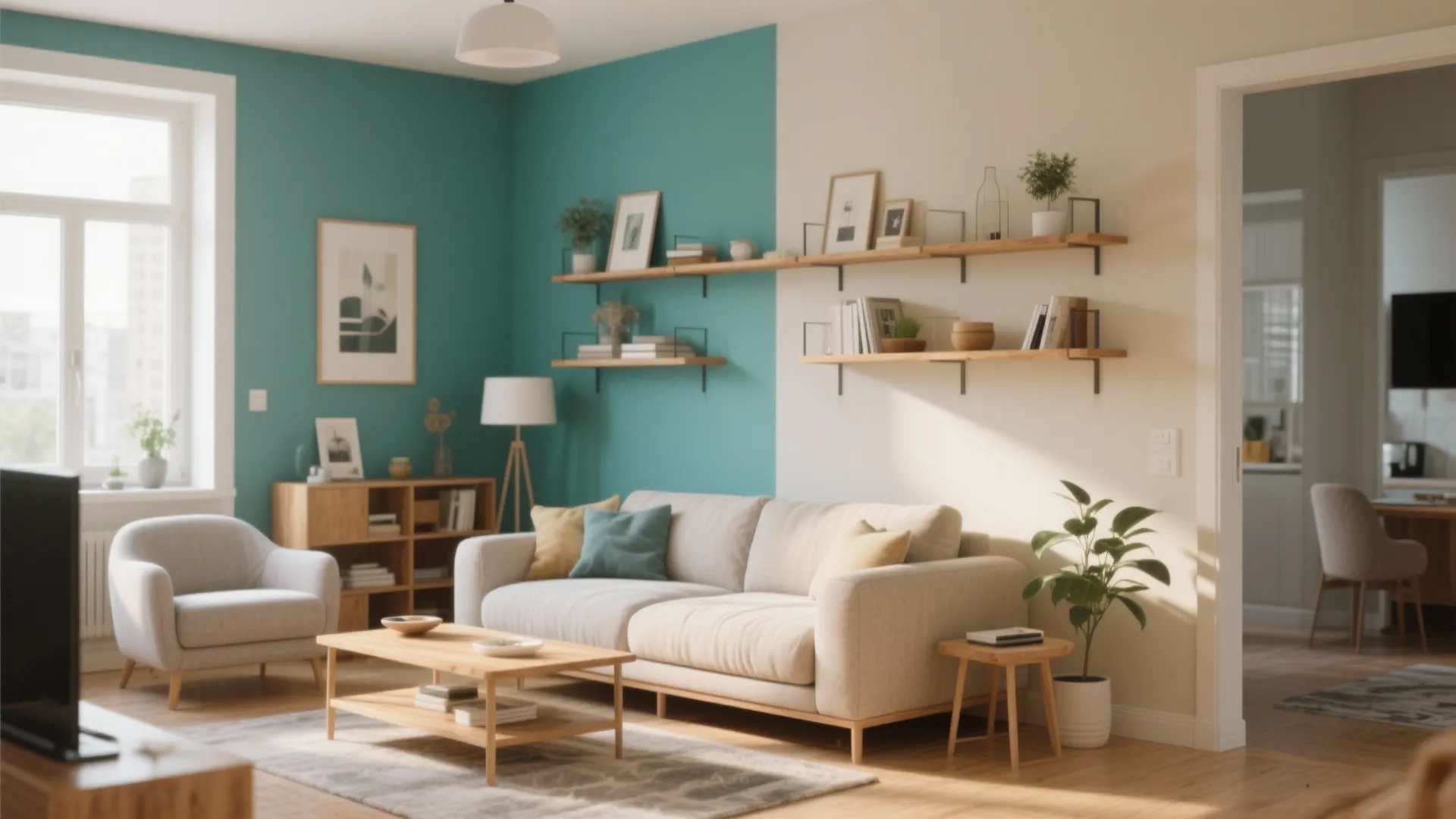 Modern living room with teal accent wall, wooden wall shelves, beige sofa, and natural light