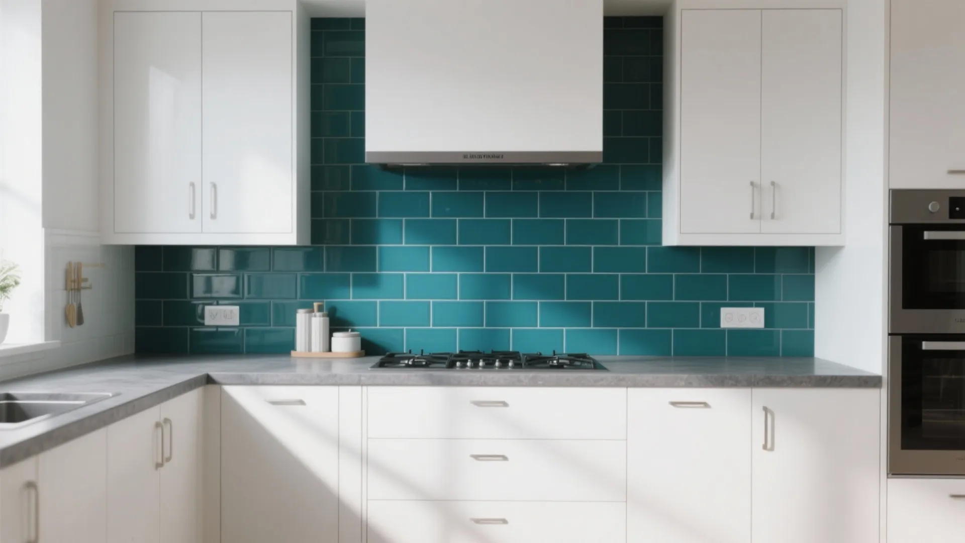 Kitchen interior with teal blue wall tiles white cabinets grey countertop and black gas stove
