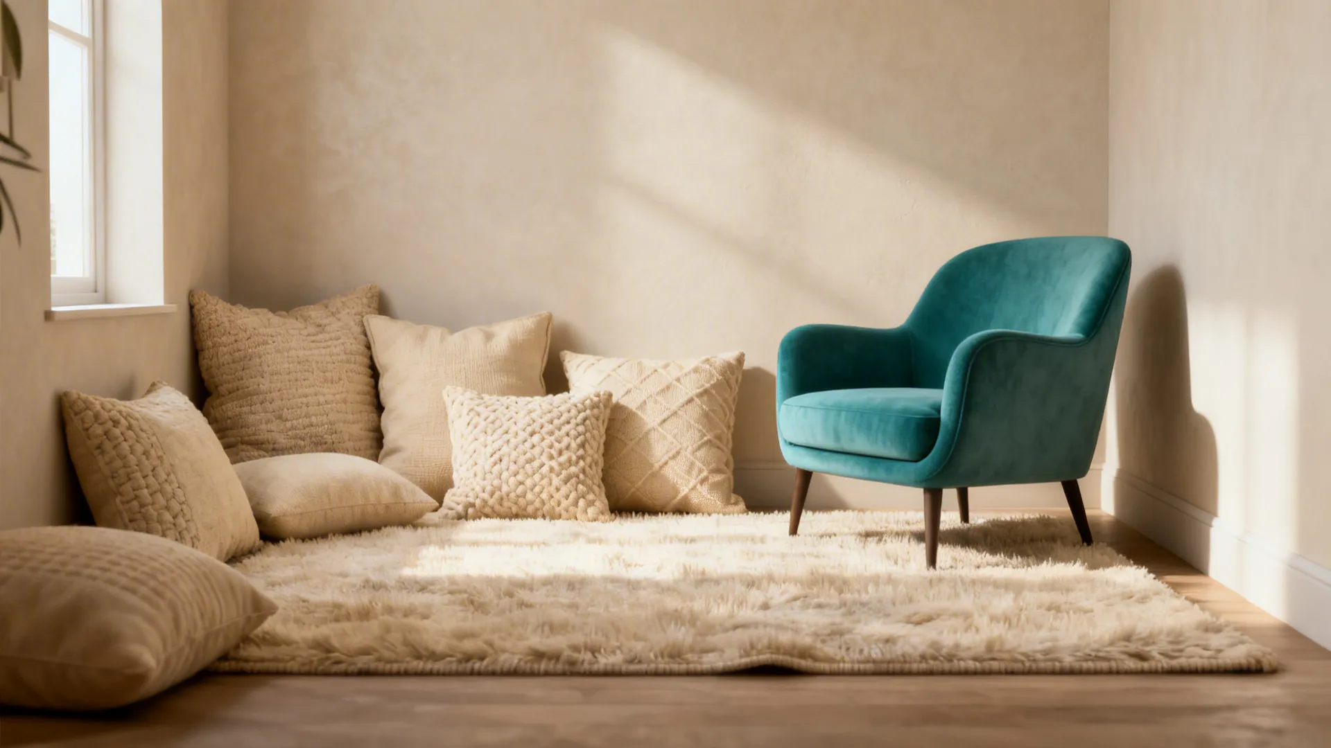 Comfortable reading nook with teal armchair, fluffy white rug, neutral floor pillows, and soft natural sunlight