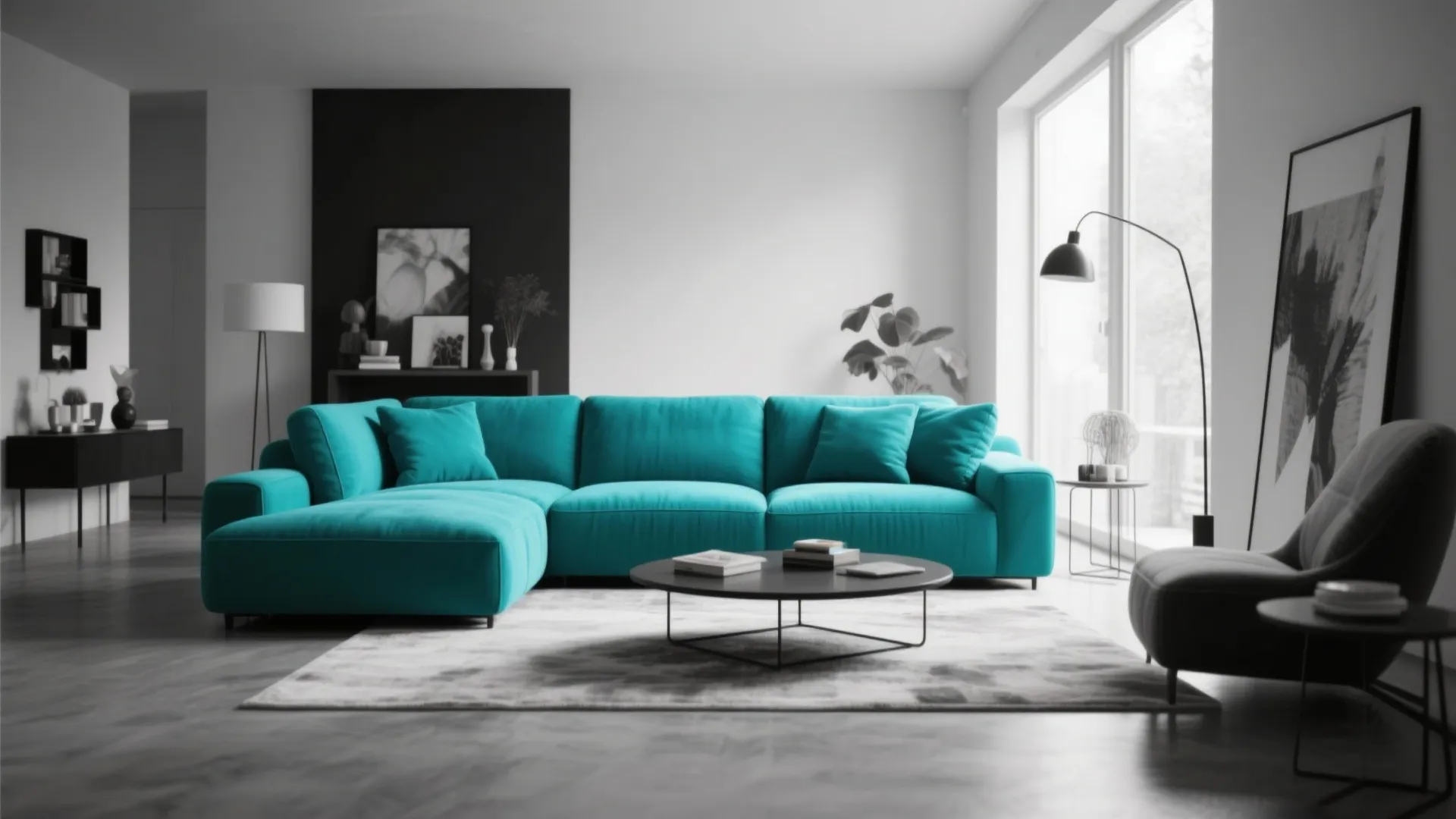 Bright teal sectional sofa in modern black and white living room with rug and lamp