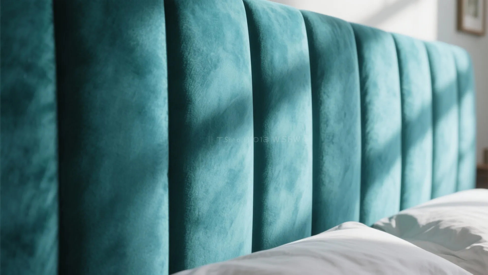Close up of a soft teal blue fabric headboard with vertical lines and white pillows