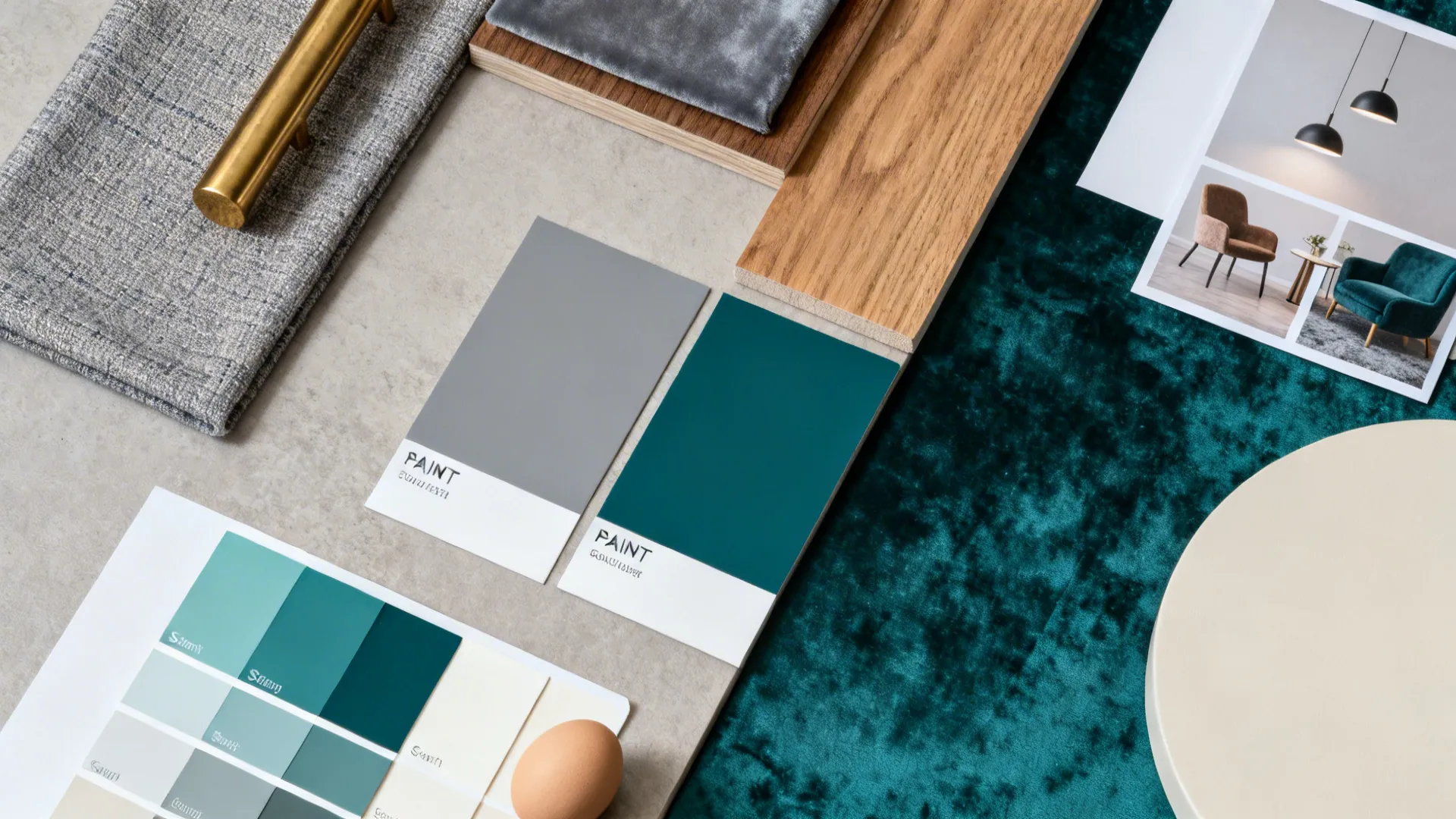Top-down flatlay of teal color swatches, fabric samples and paint finish chips for planning.