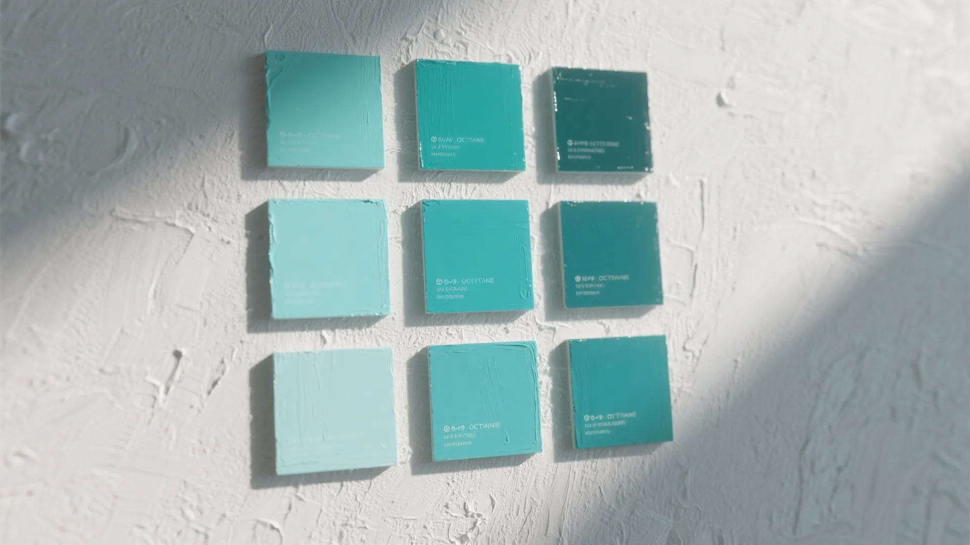 Close-up of painted swatches showing different teal shades under varying lighting for testing.