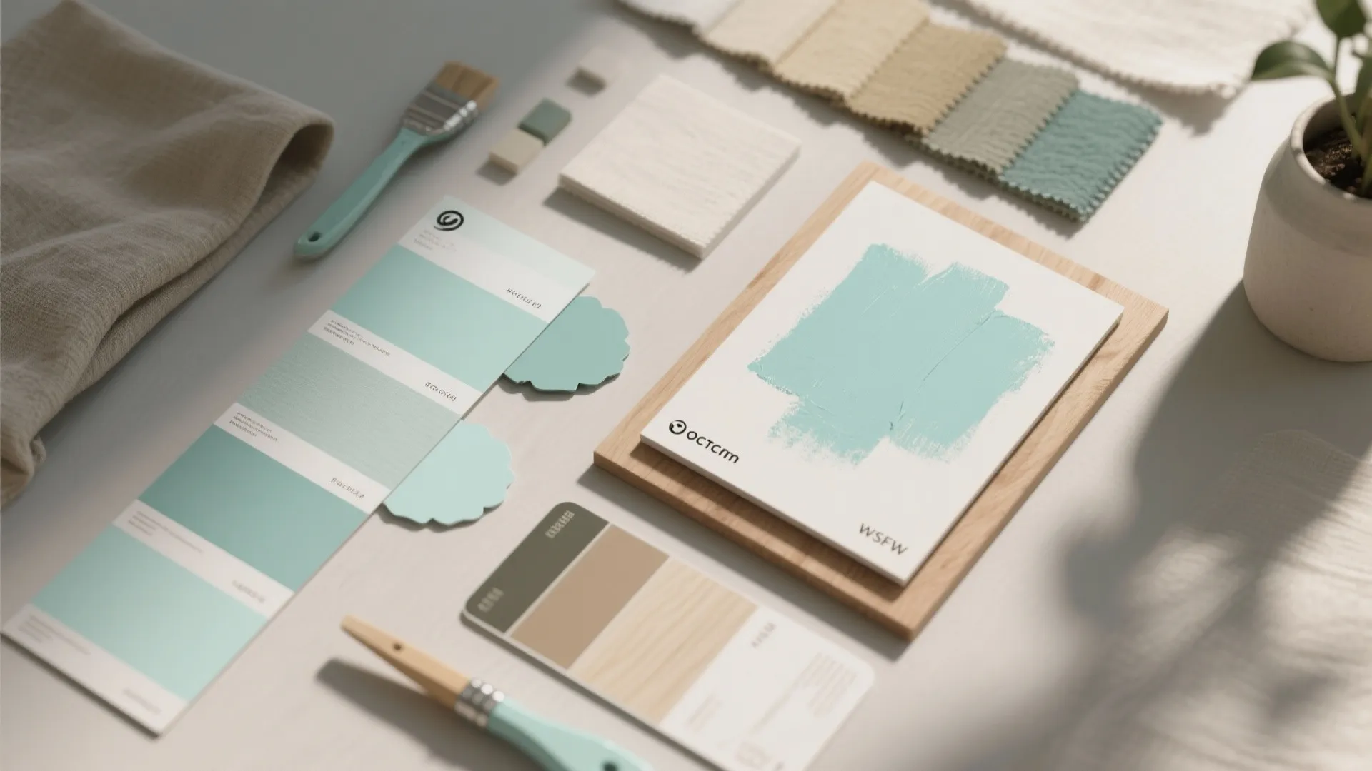 Top-down flatlay of light teal paint chips, wood and fabric swatches and finish samples for testing.
