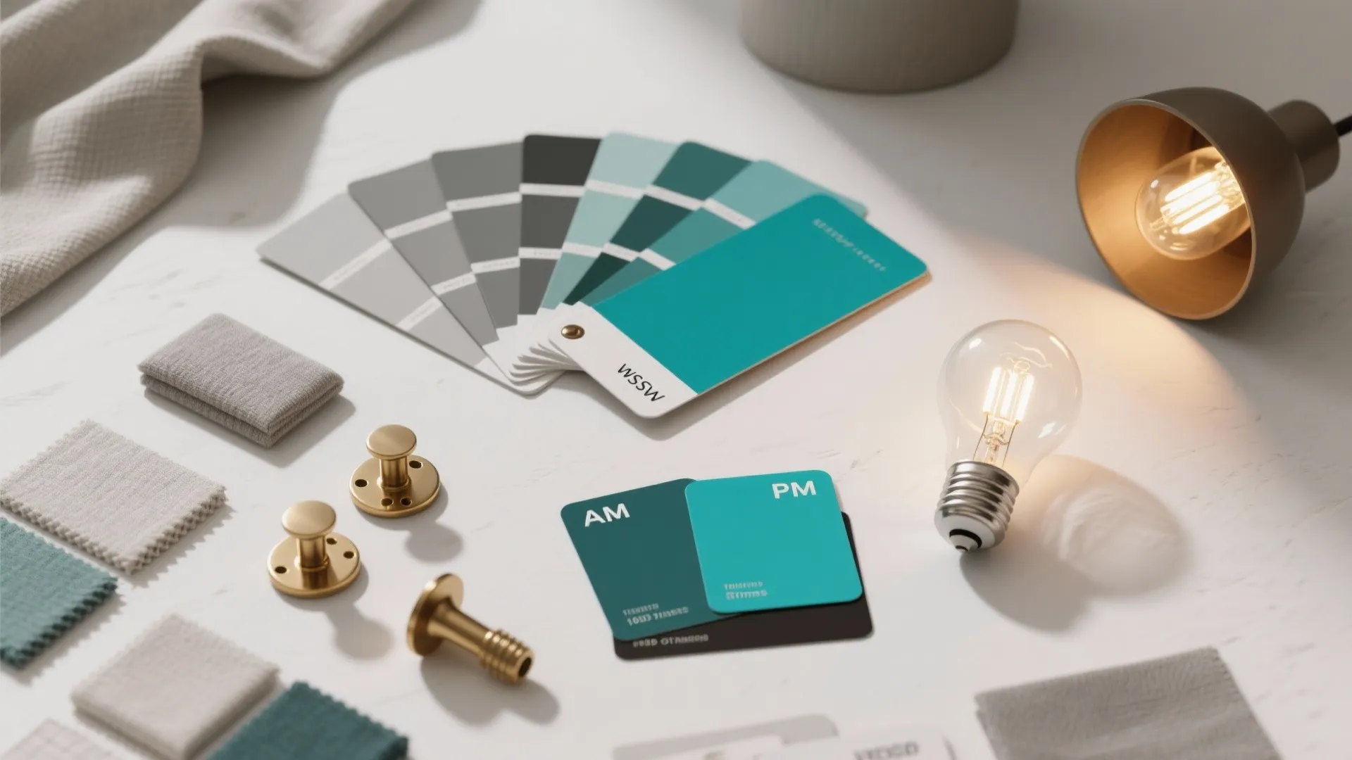 Interior design mood board with teal color swatches fabric samples brass knobs and bright bulbs