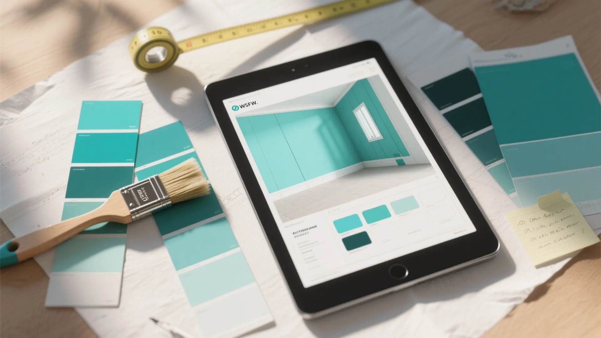 Top-down view of teal paint swatches and a tablet displaying virtual wall mockups.