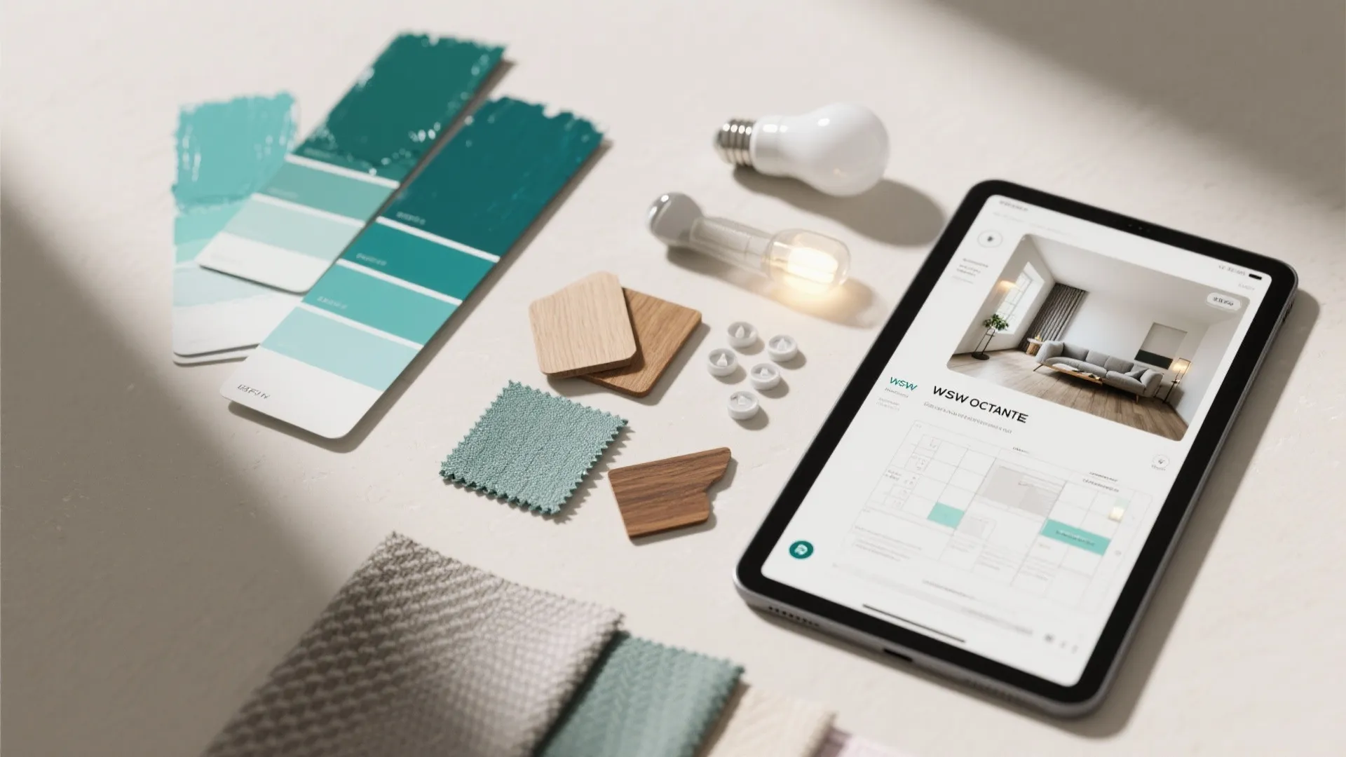 Flatlay of teal paint swatches, fabric samples, wood chips and LED bulbs for testing teal in small rooms.