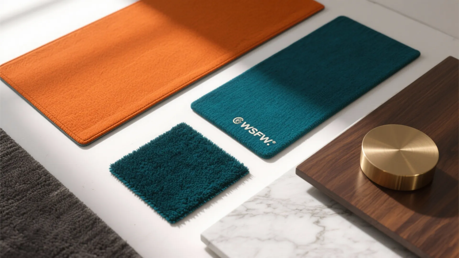 Interior design material board with orange fabric samples teal carpet wood board and white marble tile