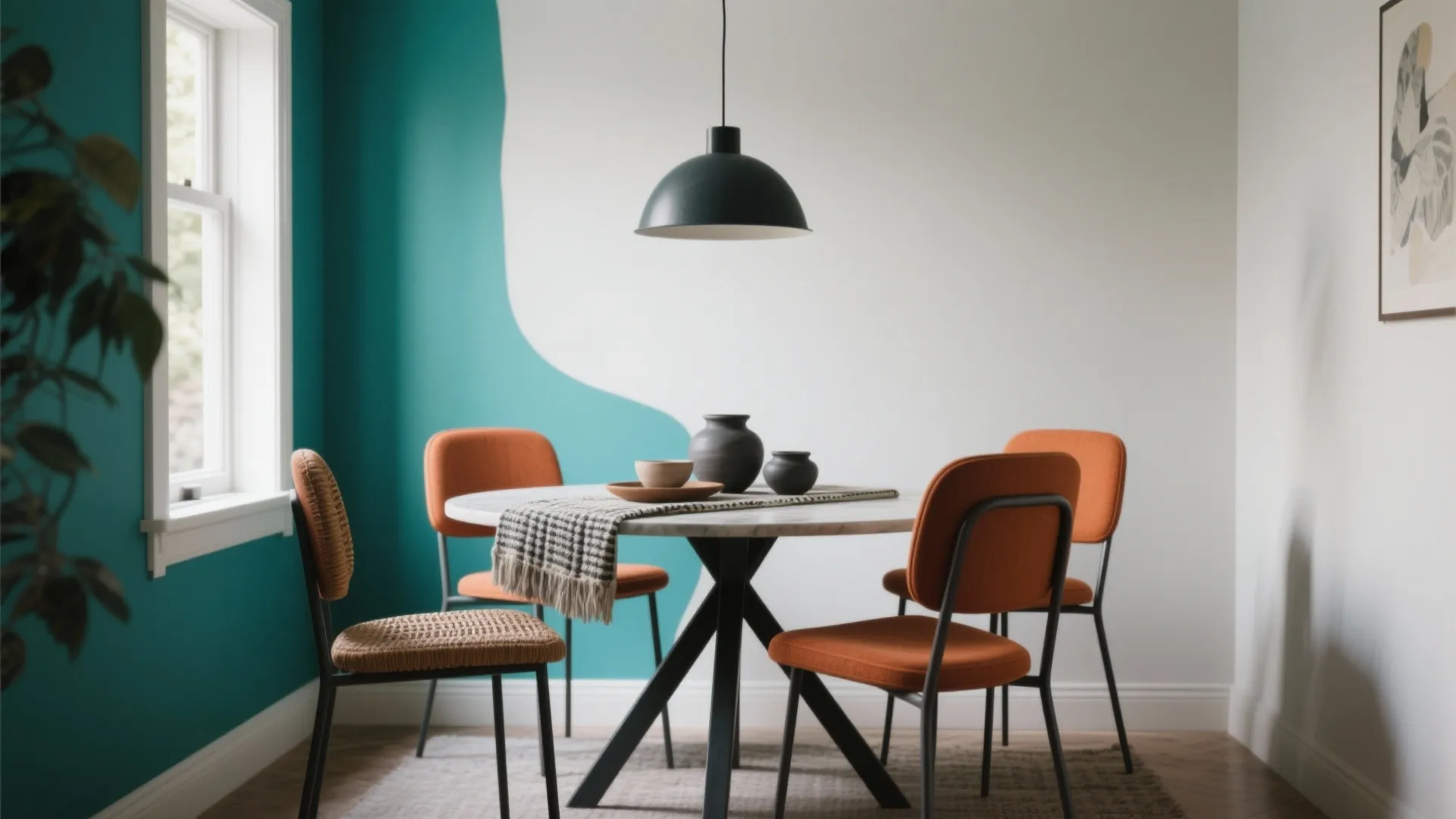 Modern dining area with round table, orange chairs, teal wall, black ceiling light, and rug