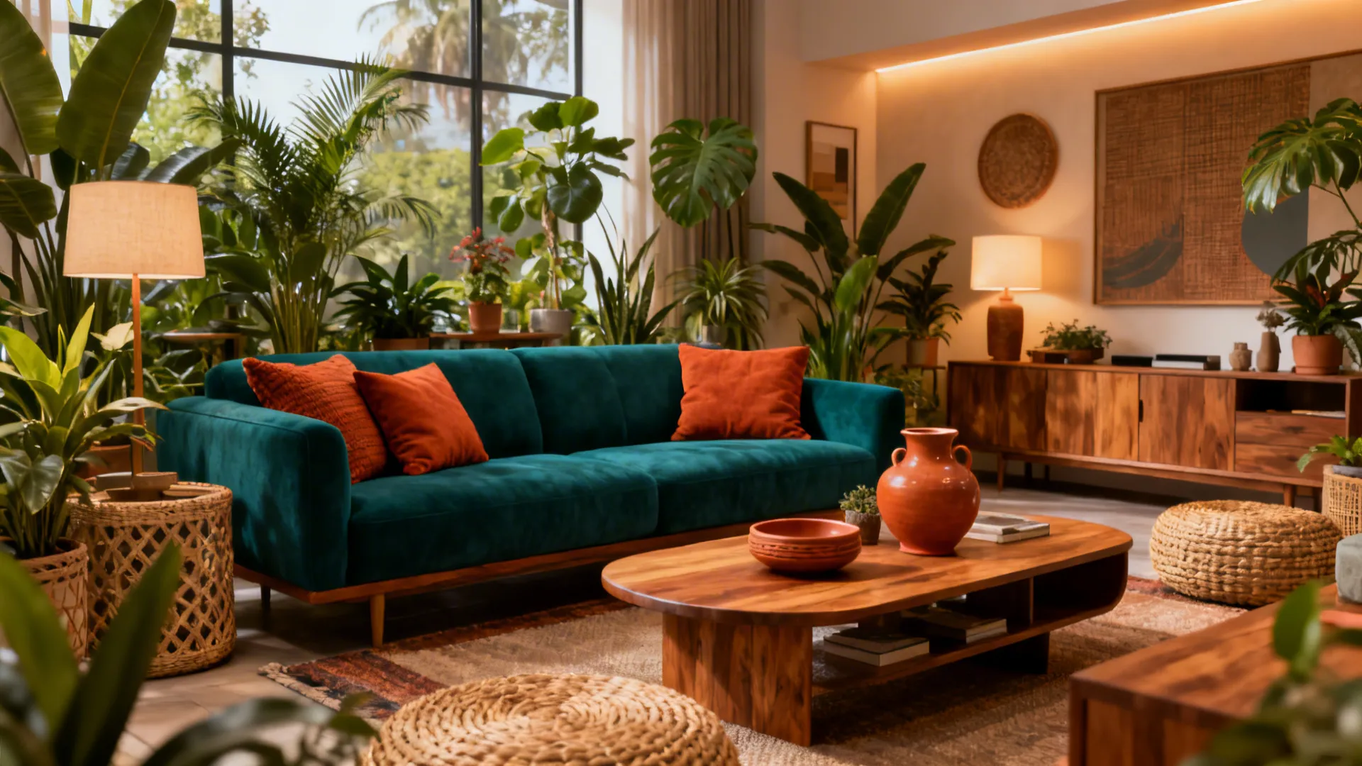 Teal velvet sofa with orange pillows and wooden coffee table surrounded by many green plants