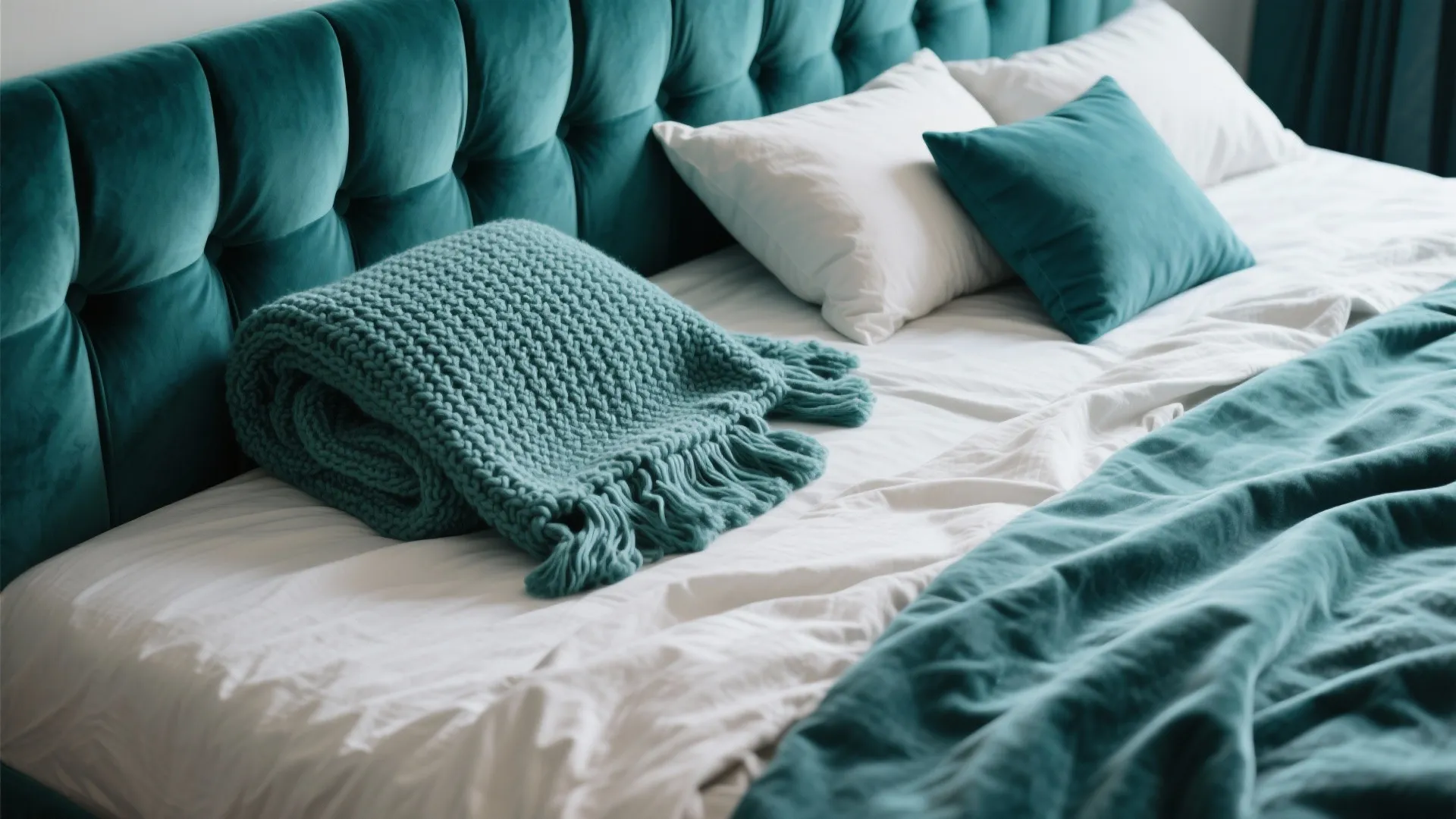 Teal velvet tufted headboard with white pillows and green knitted blanket on white bed sheets
