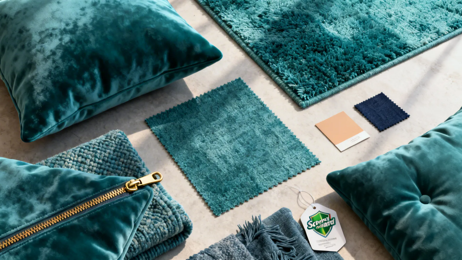 Flatlay of teal velvet cushions, rug swatch and removable cover samples for a living room