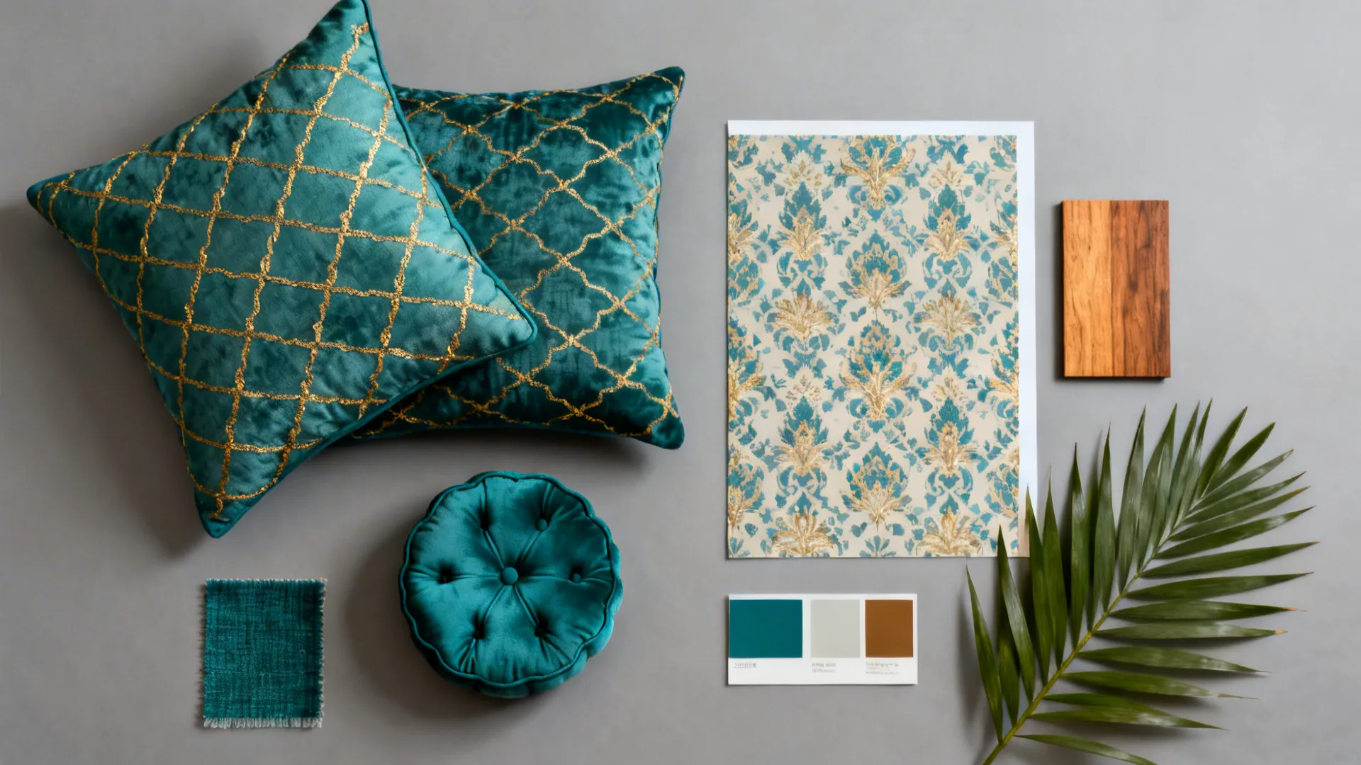 Flatlay of teal patterned cushions, ottoman fabric, wallpaper sample and paint chips.