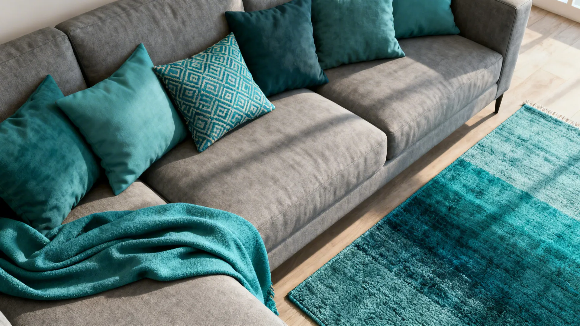 Neutral gray sofa styled with soft teal cushions, throw and a patterned teal accent